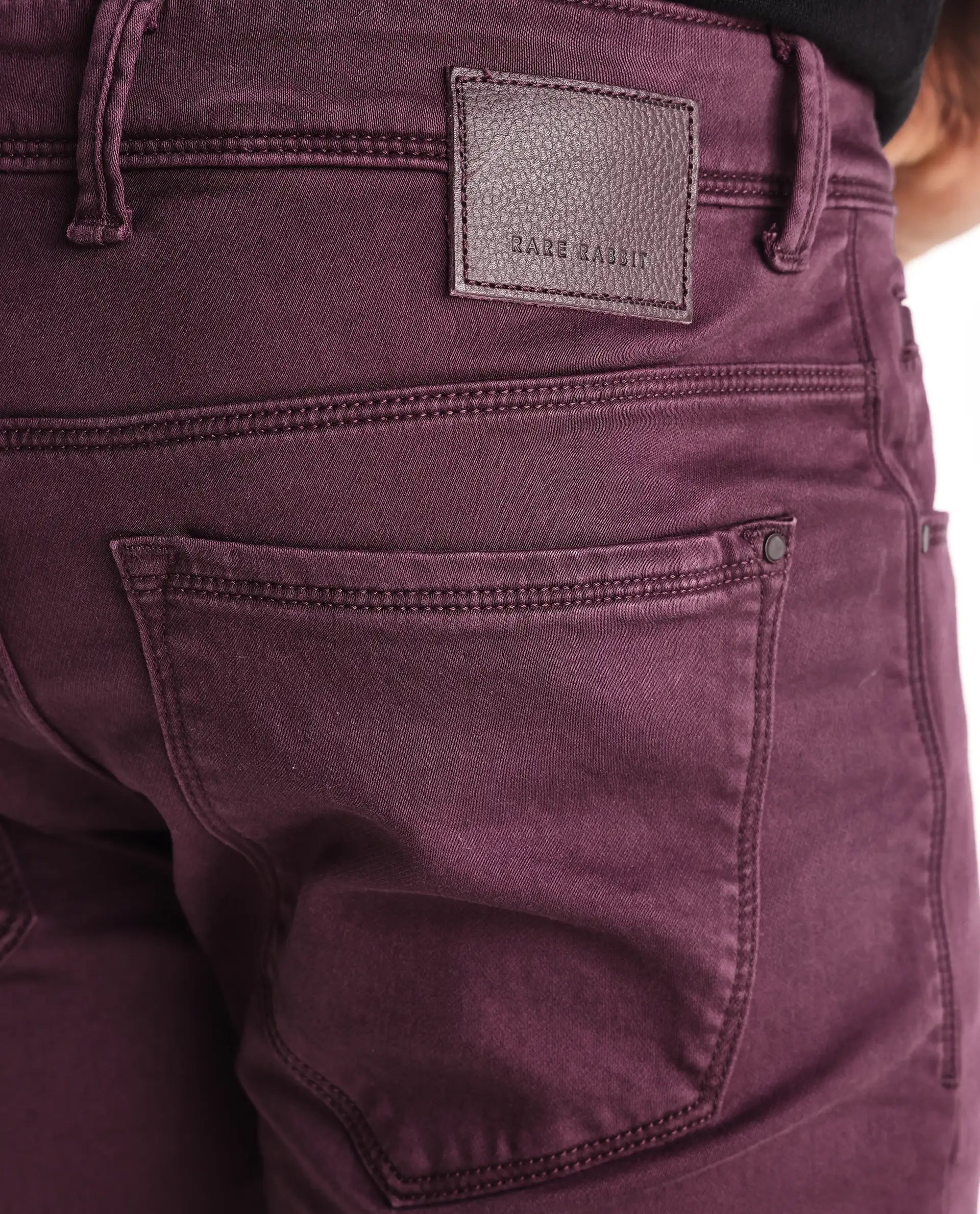 Rare Rabbit Men's Essen Dark Maroon Cotton Plain Hawk Slim Fit Jeans