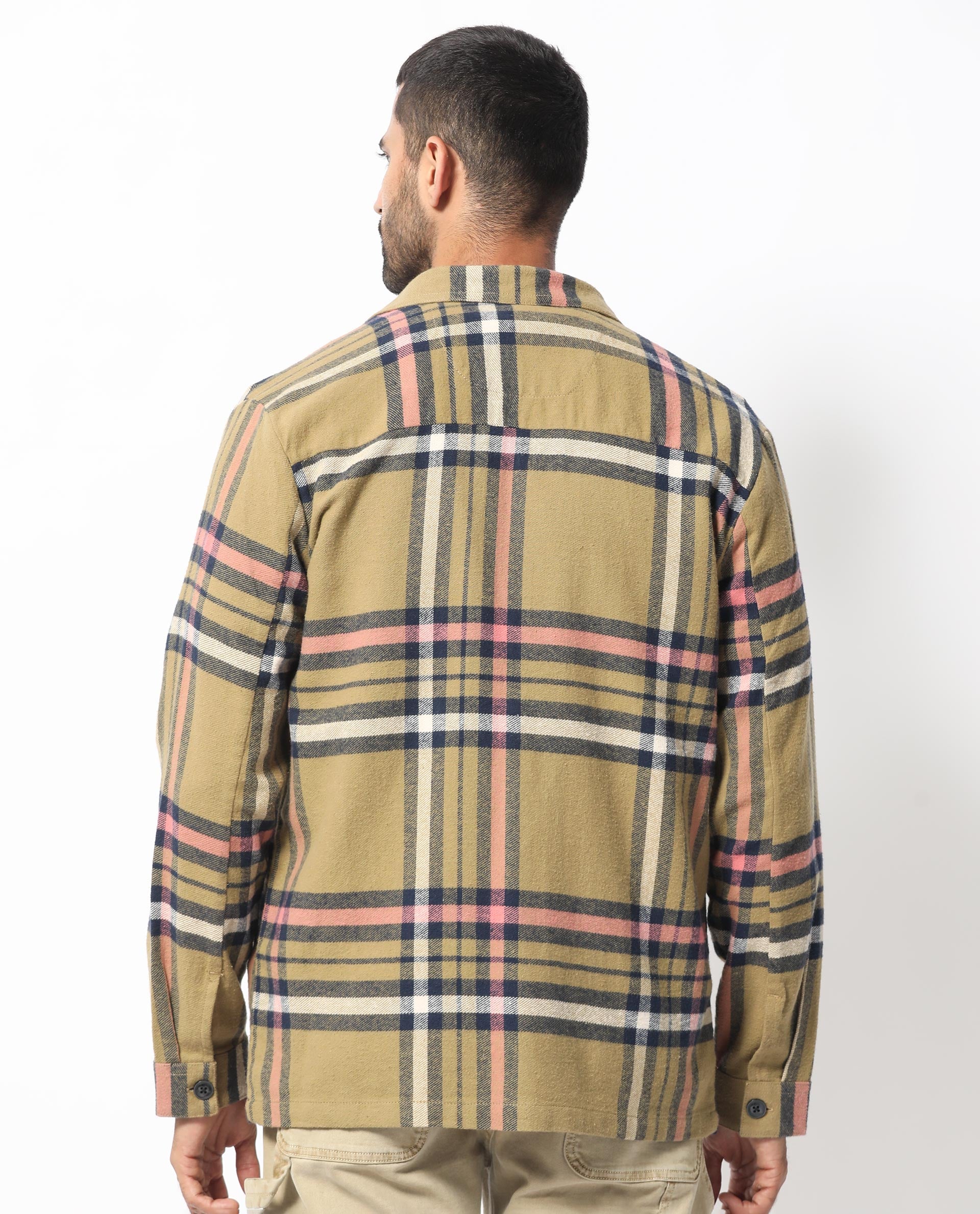 Rare Rabbit Men's Estro Light Green Cotton Fabric Full Sleeves Button Closure Twill Checks Shacket