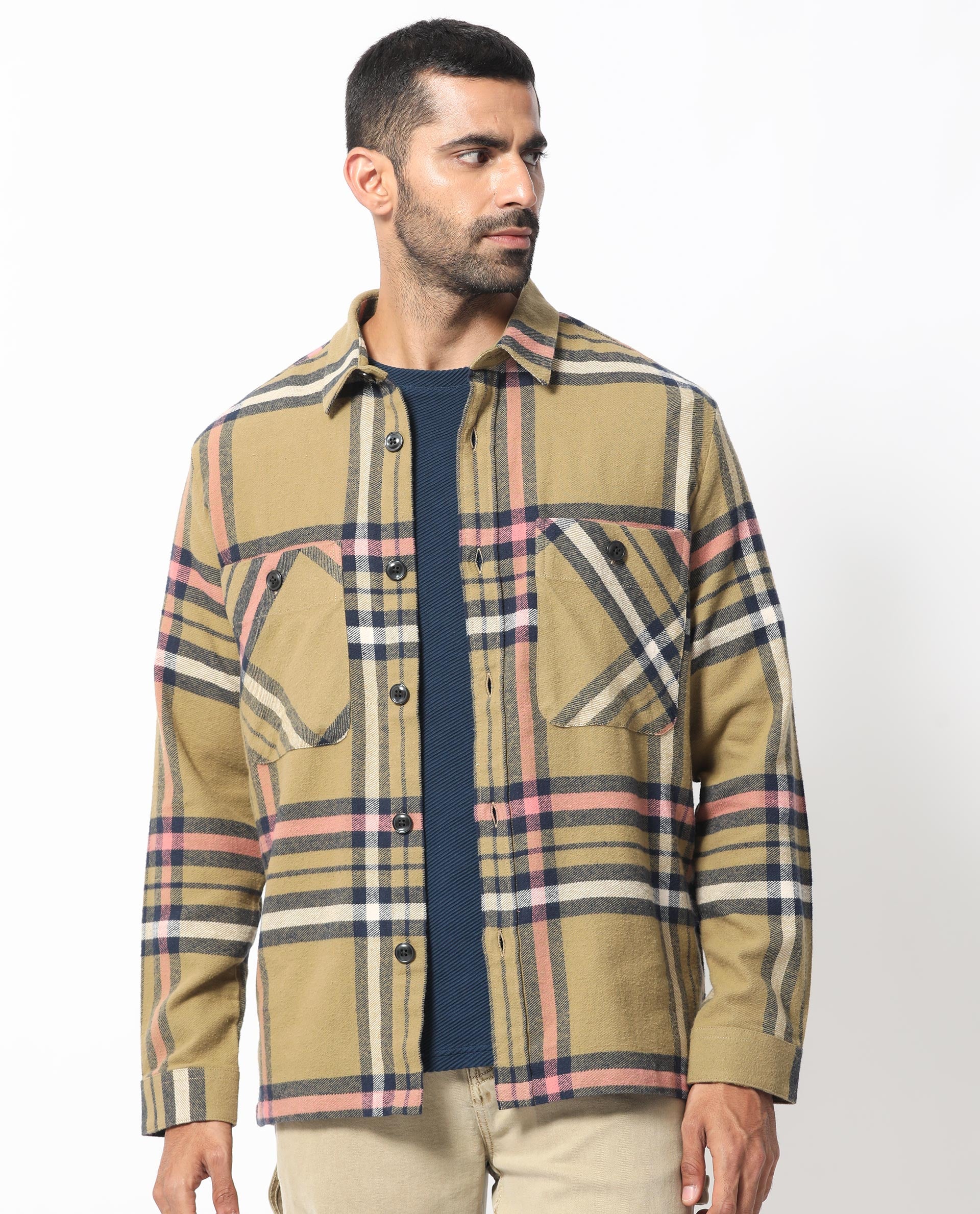 Rare Rabbit Men's Estro Light Green Cotton Fabric Full Sleeves Button Closure Twill Checks Shacket