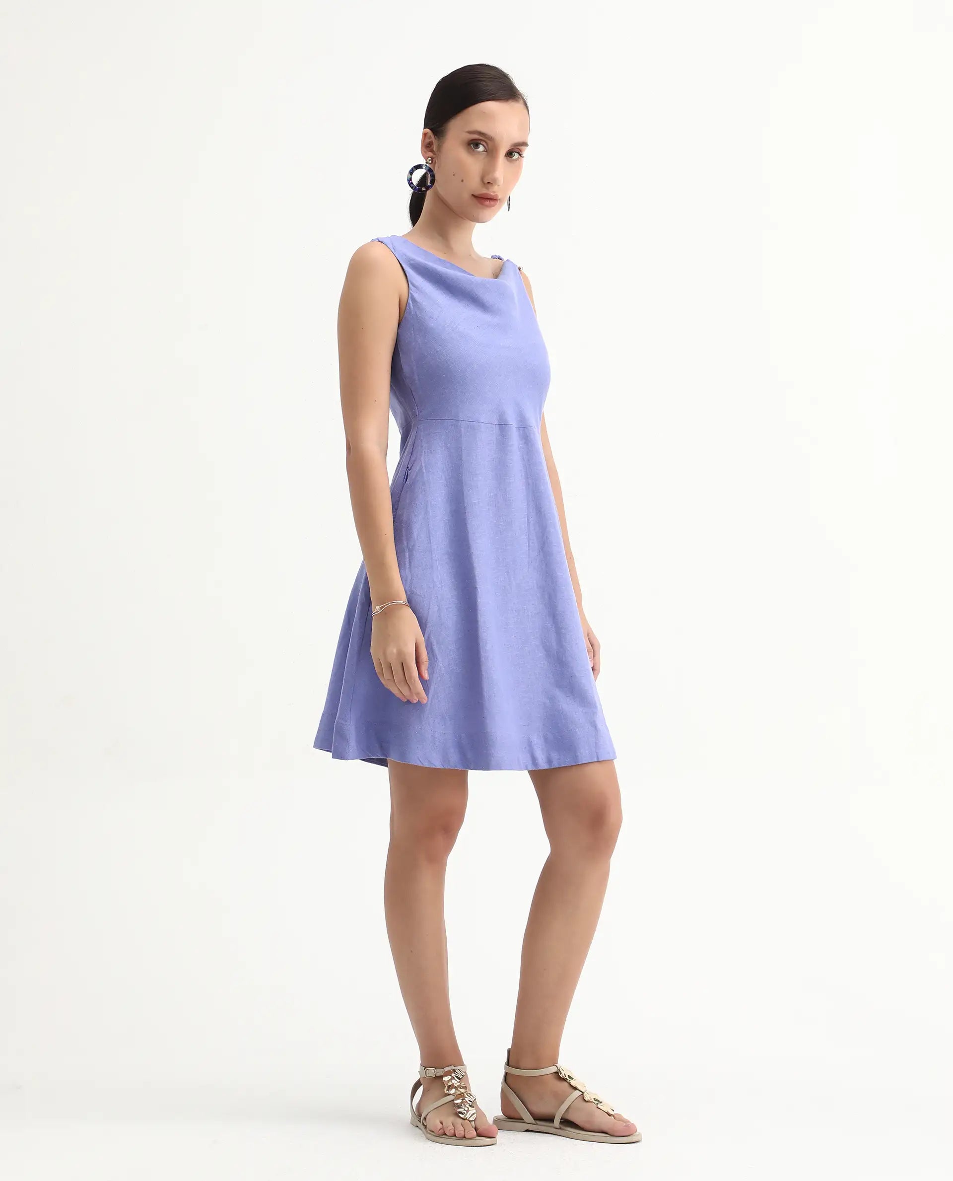 Rareism Women's Eswati Lilac Linen Cowl Neck Plain Sleeveless Knee Length Flared Dress