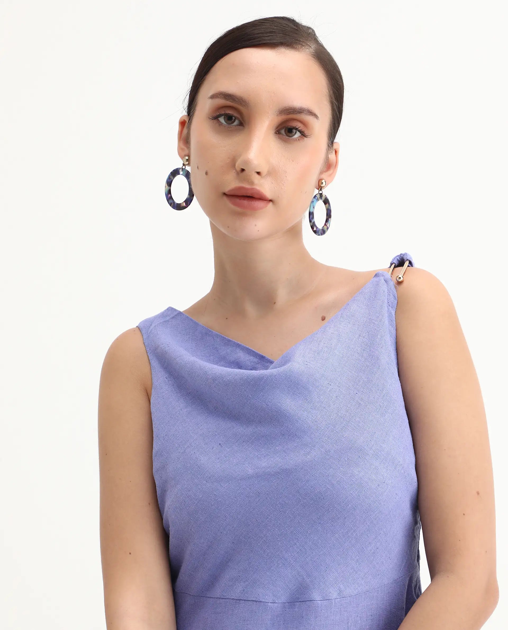 Rareism Women's Eswati Lilac Linen Cowl Neck Plain Sleeveless Knee Length Flared Dress