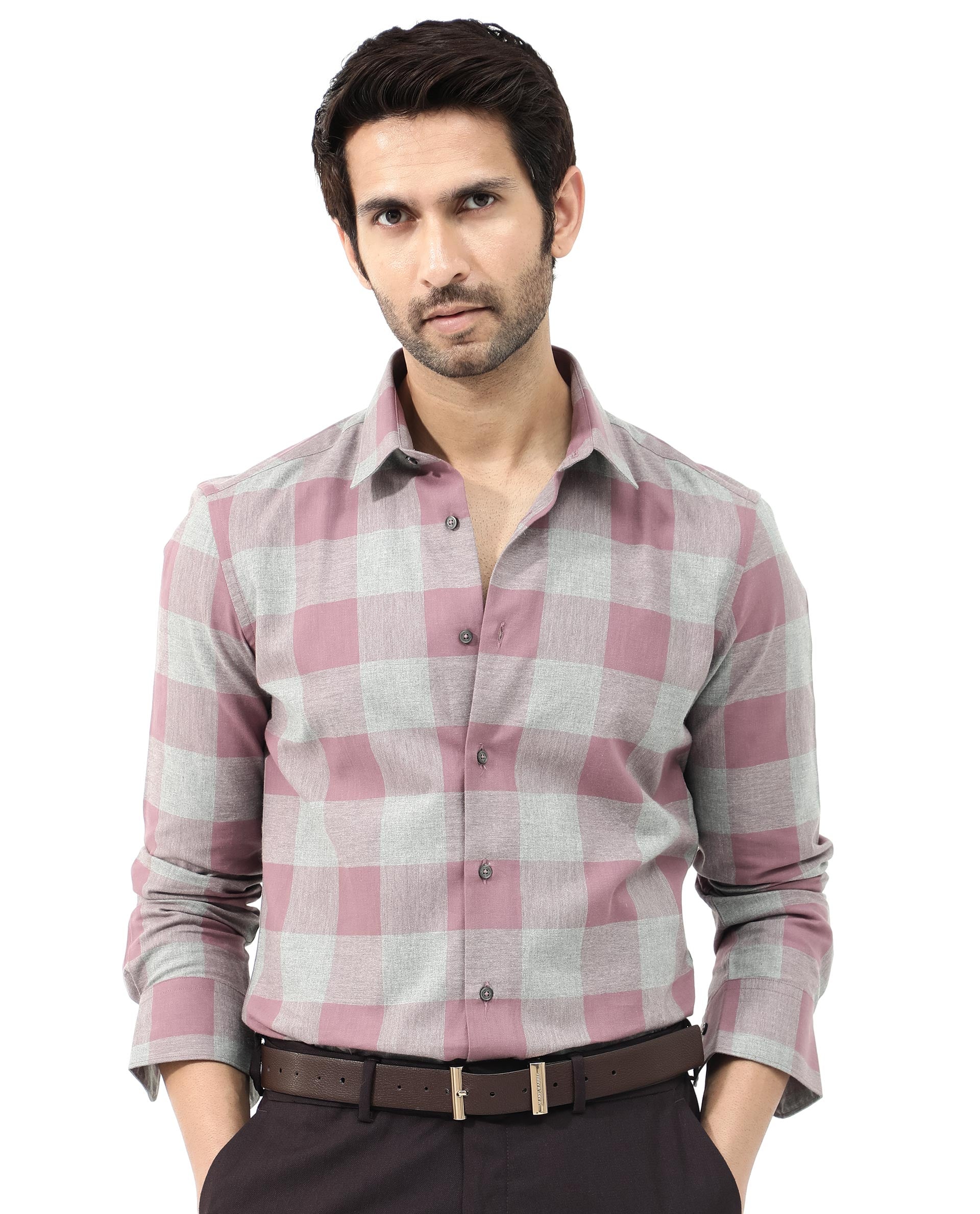 Rare Rabbit Men's Etan Dusky Pink Cotton Fabric Full Sleeve Regular Fit Checks Shirt