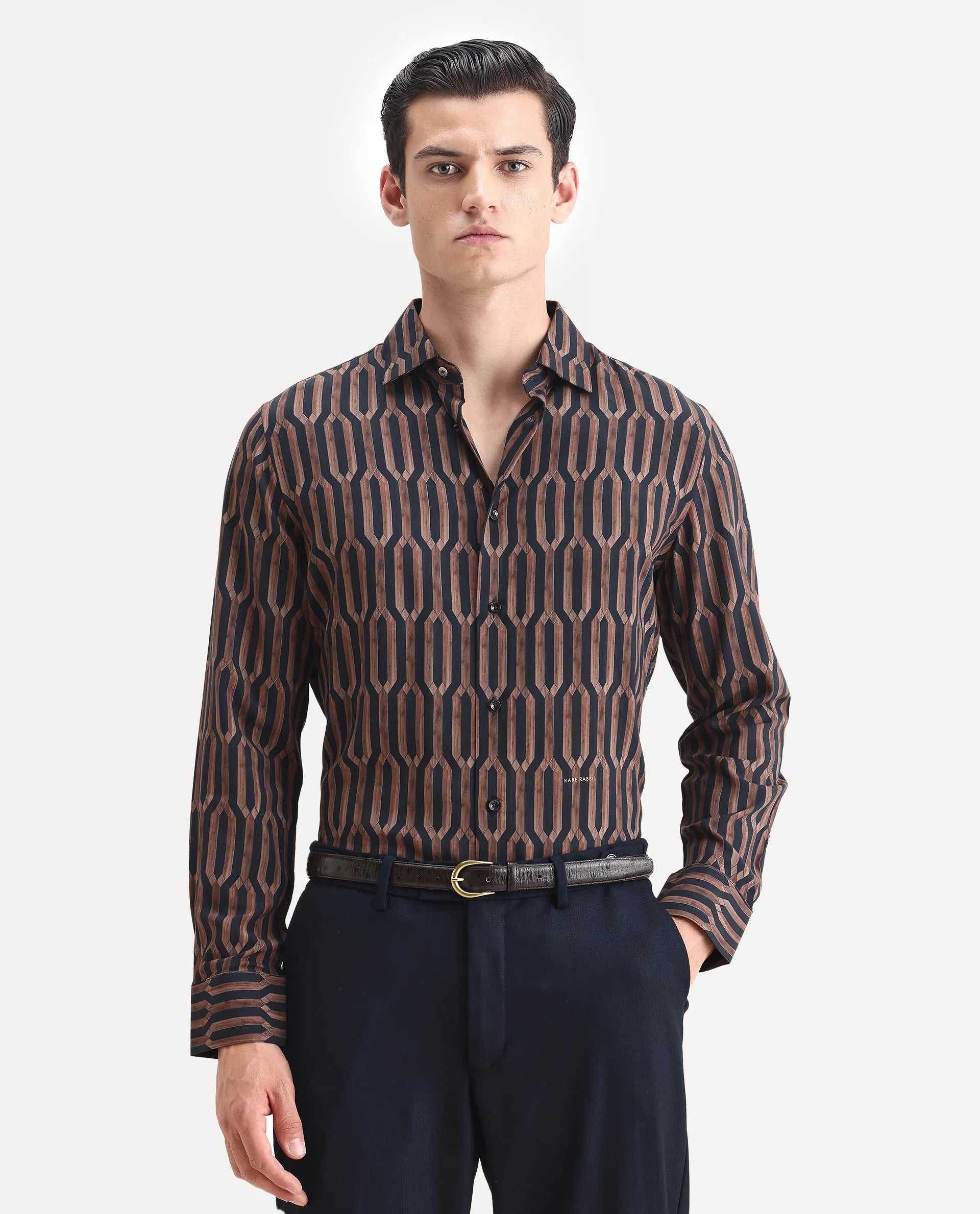 Rare Rabbit Men's Eten Black Cotton Geometric Print Regular Fit Full Sleeve Collared Shirt