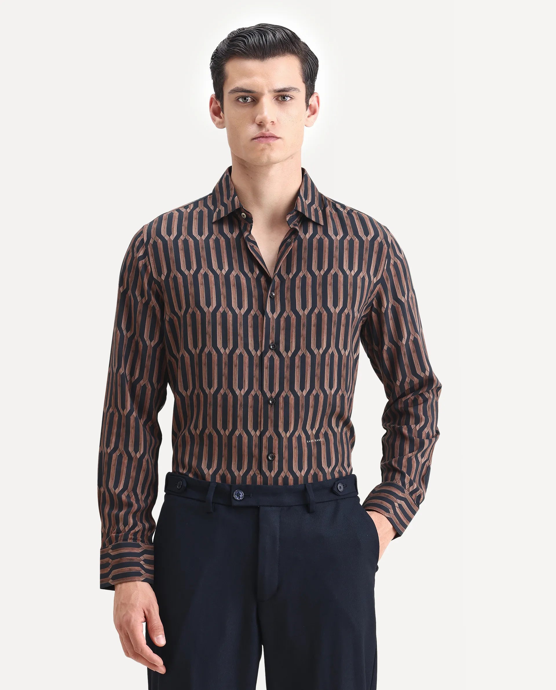 Rare Rabbit Men's Eten Black Cotton Geometric Print Regular Fit Full Sleeve Collared Shirt