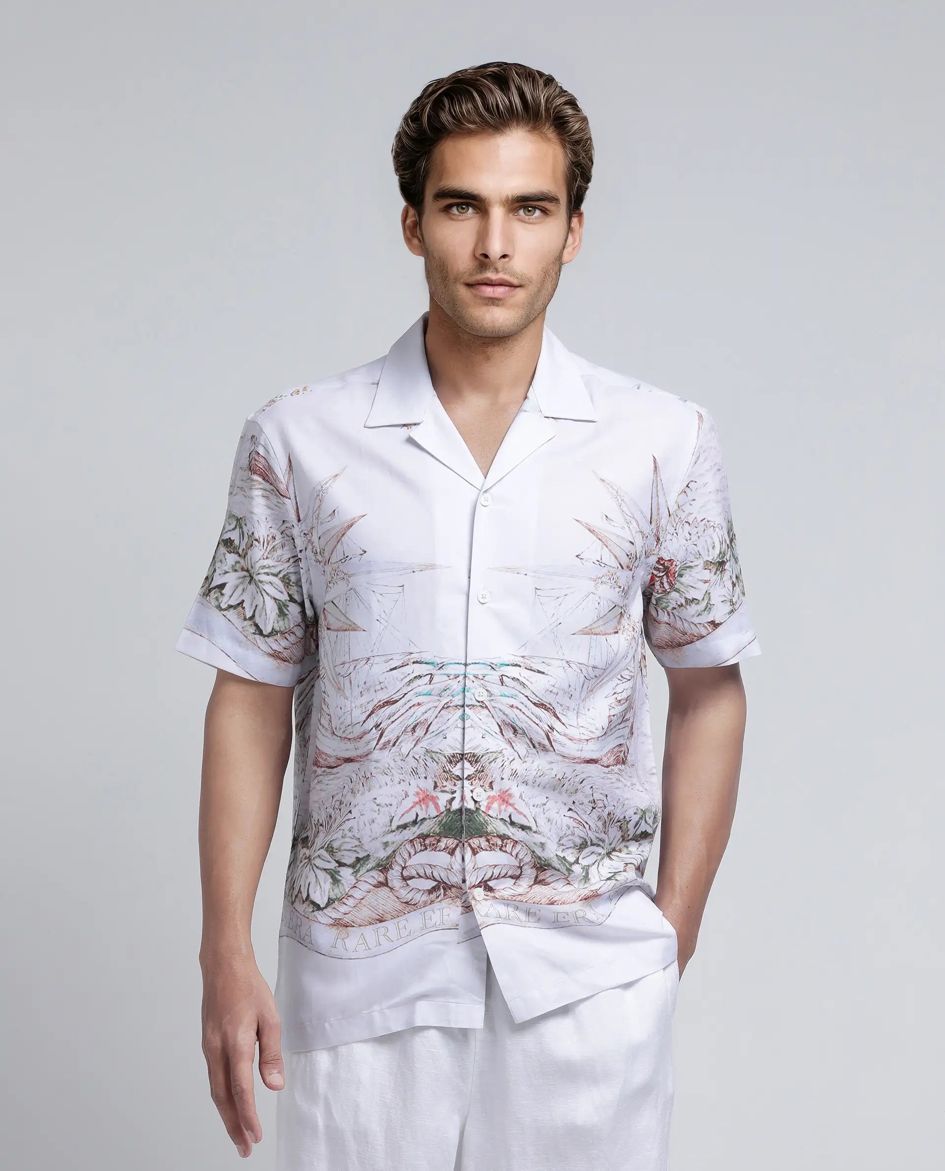 Rare Rabbit Men's Ethan Blue Cotton Modal Fabric Half Sleeve Spread Collar Button Closure Relaxed Fit Decorative Print Shirt