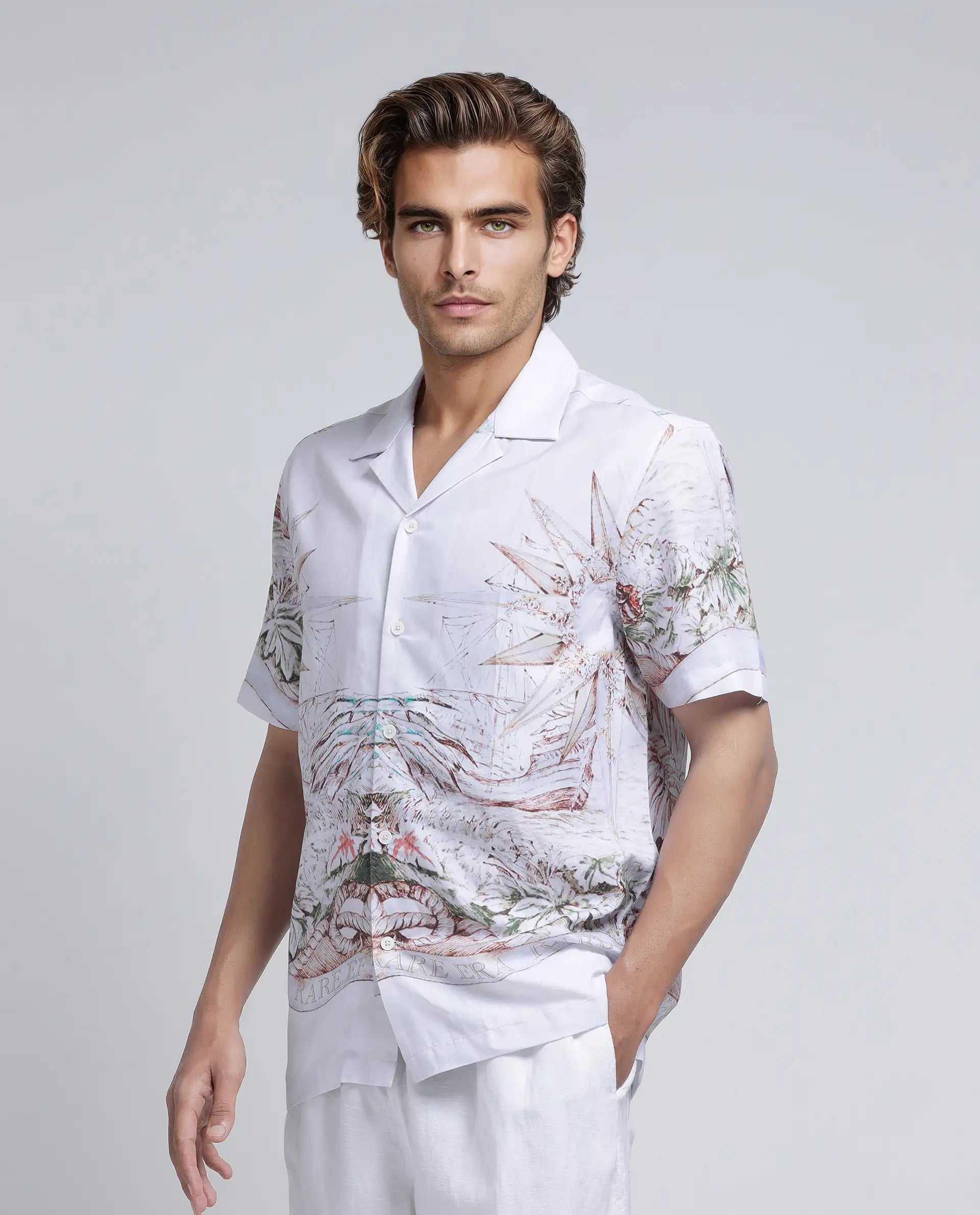 Rare Rabbit Men's Ethan Blue Cotton Modal Fabric Half Sleeve Spread Collar Button Closure Relaxed Fit Decorative Print Shirt