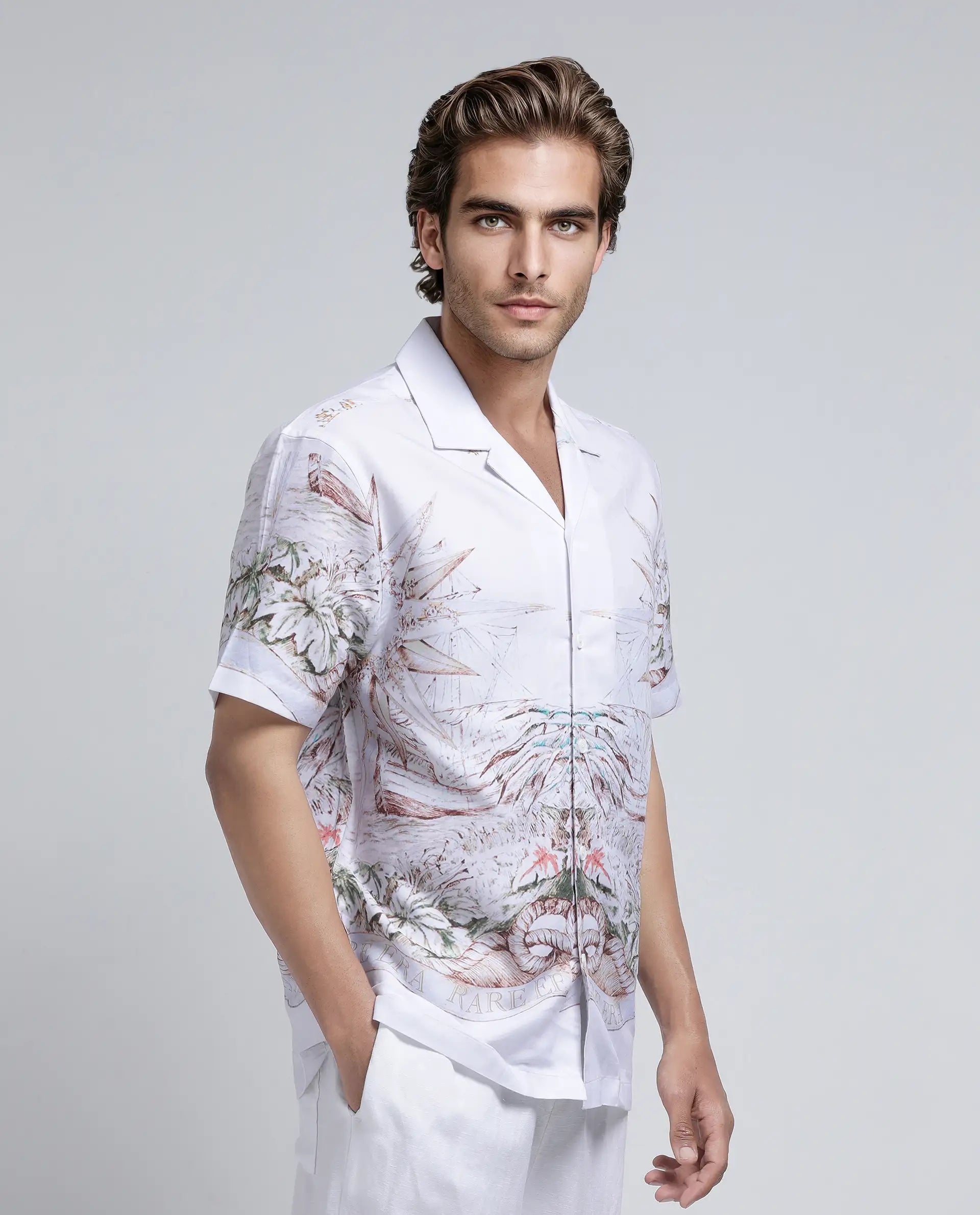 Rare Rabbit Men's Ethan Blue Cotton Modal Fabric Half Sleeve Spread Collar Button Closure Relaxed Fit Decorative Print Shirt