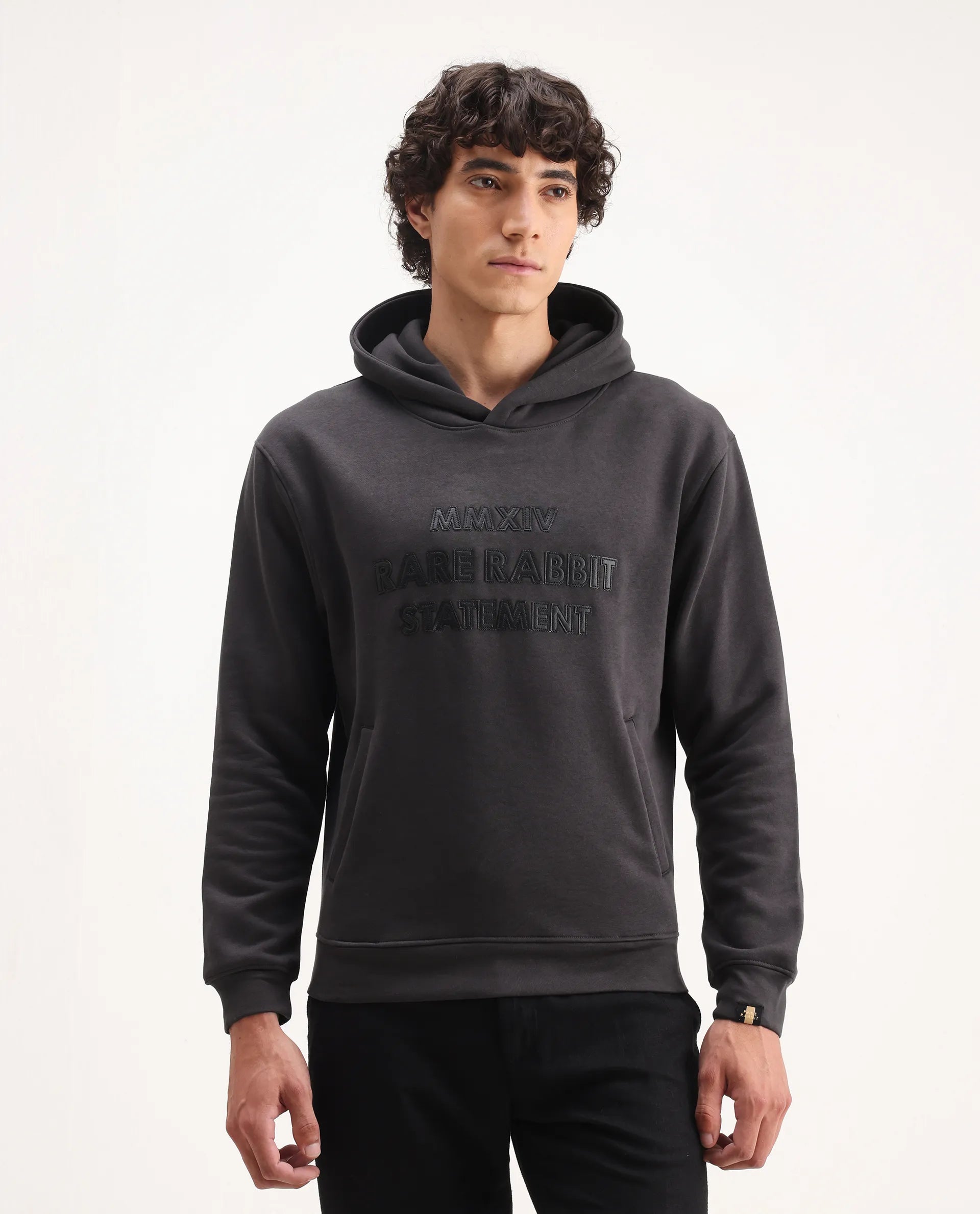 Rare Rabbit Men's Ether Dark Grey Cotton Embroidered Regular Fit Full Sleeve Hooded Sweatshirt