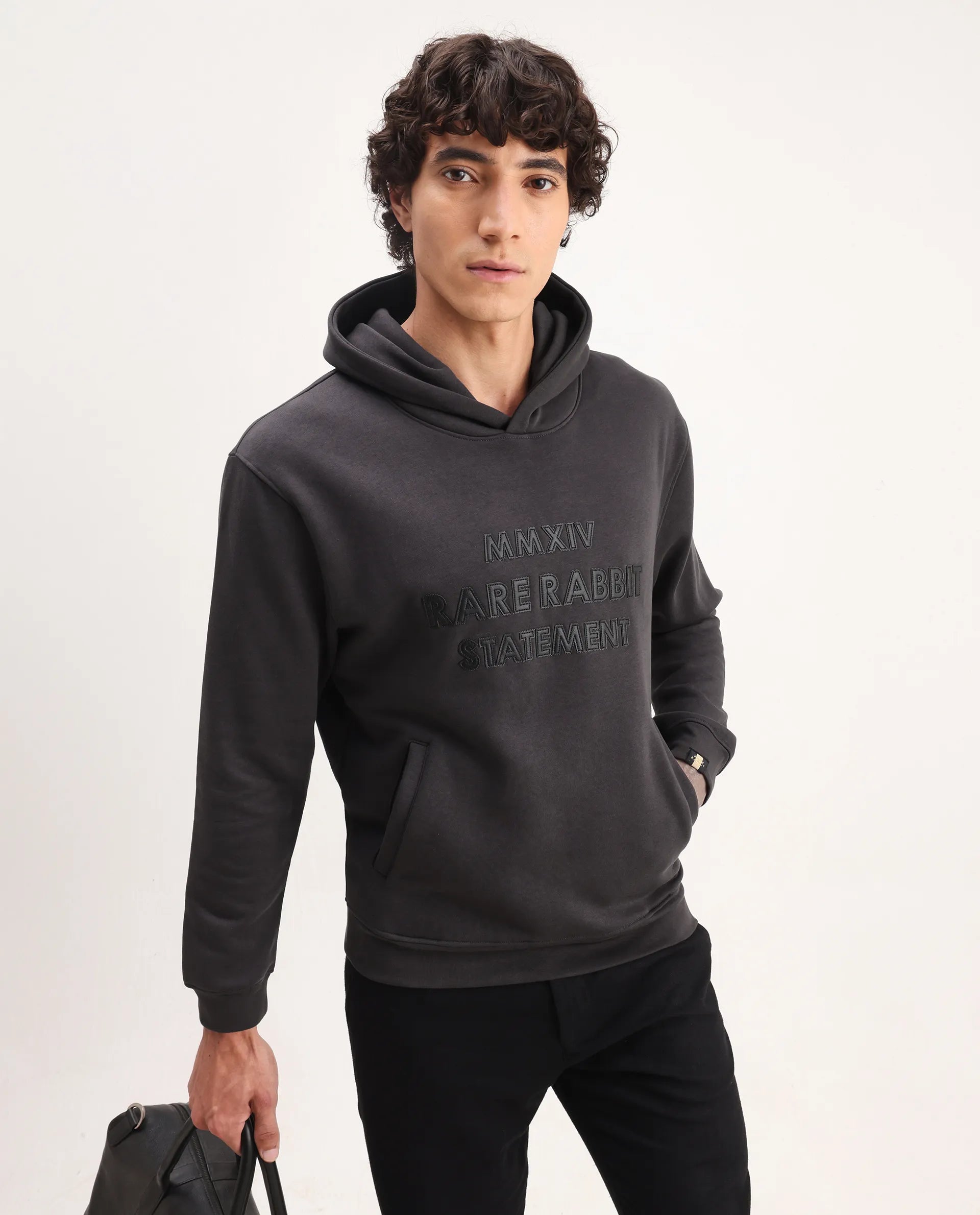 Rare Rabbit Men's Ether Dark Grey Cotton Embroidered Regular Fit Full Sleeve Hooded Sweatshirt