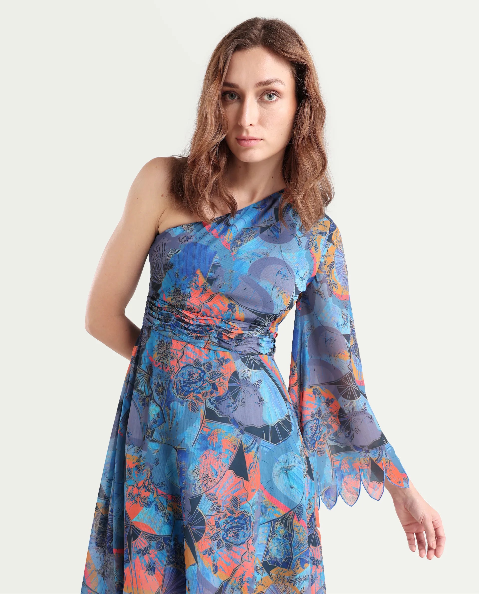 Rareism Women's Ethiopi Blue Polyester One Shoulder Abstract Print Asymmetric Sleeve Knee Length Asymmetric Dress