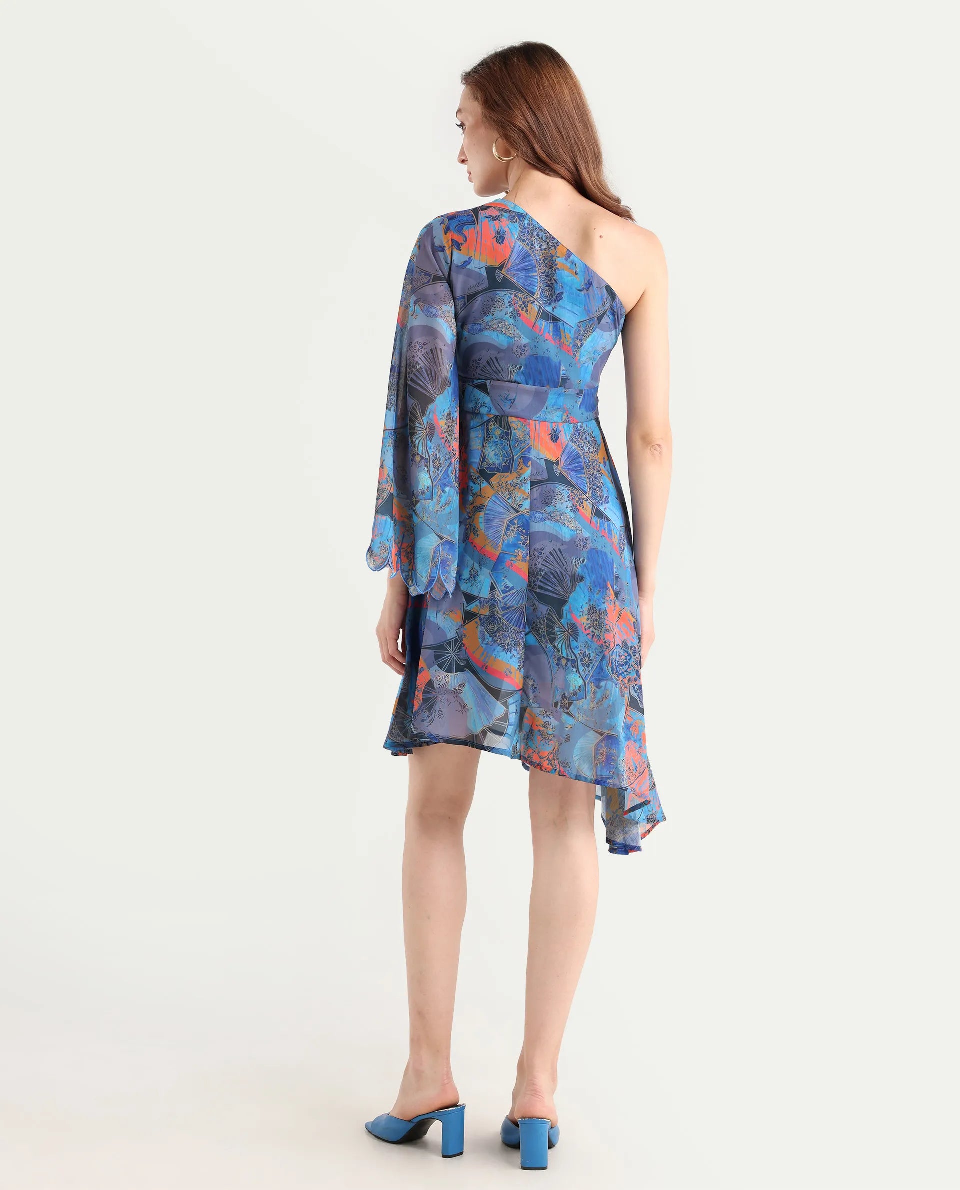 Rareism Women's Ethiopi Blue Polyester One Shoulder Abstract Print Asymmetric Sleeve Knee Length Asymmetric Dress