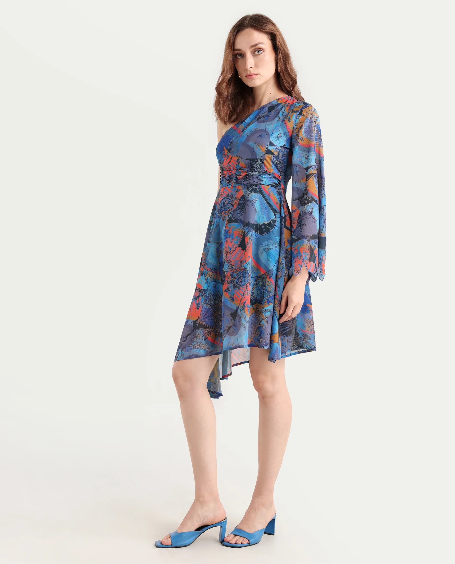 Rareism Women's Ethiopi Blue Polyester One Shoulder Abstract Print Asymmetric Sleeve Knee Length Asymmetric Dress