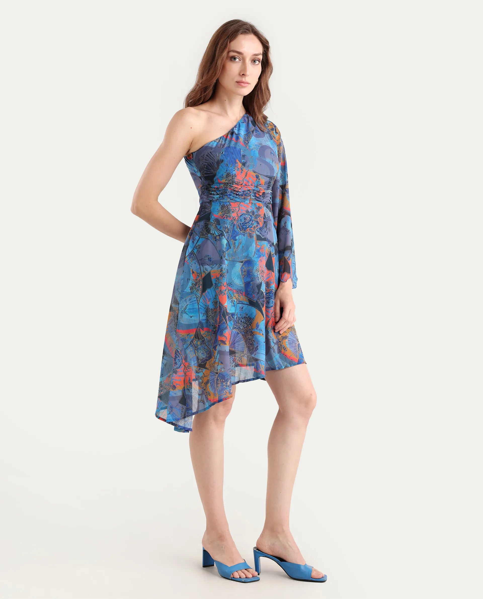 Rareism Women's Ethiopi Blue Polyester One Shoulder Abstract Print Asymmetric Sleeve Knee Length Asymmetric Dress