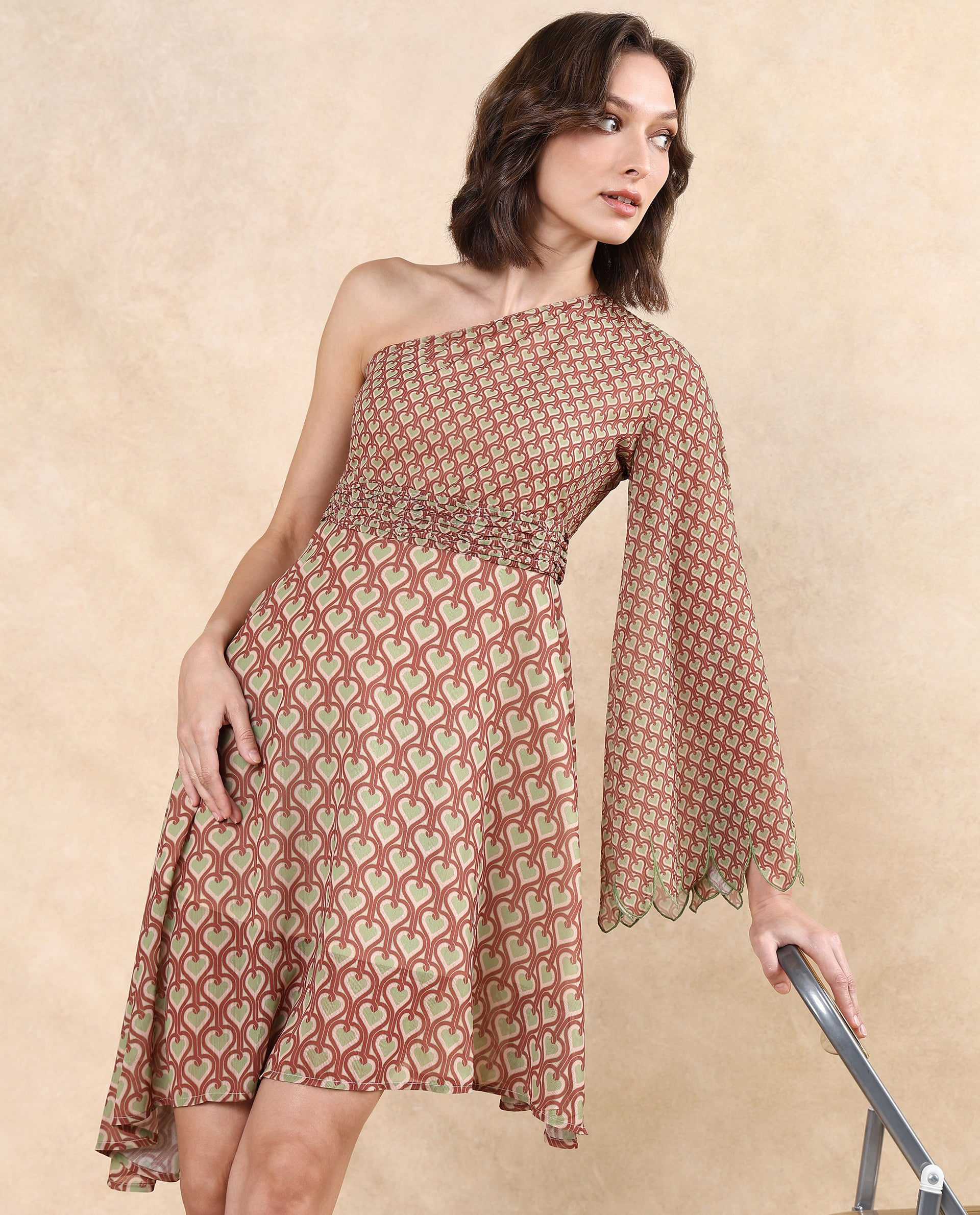 Rareism Women's Ethiopig Multi One Shoulder Zipper Closure Asymmetric Sleeve Geometric Print Asymmetric Knee Length Dress