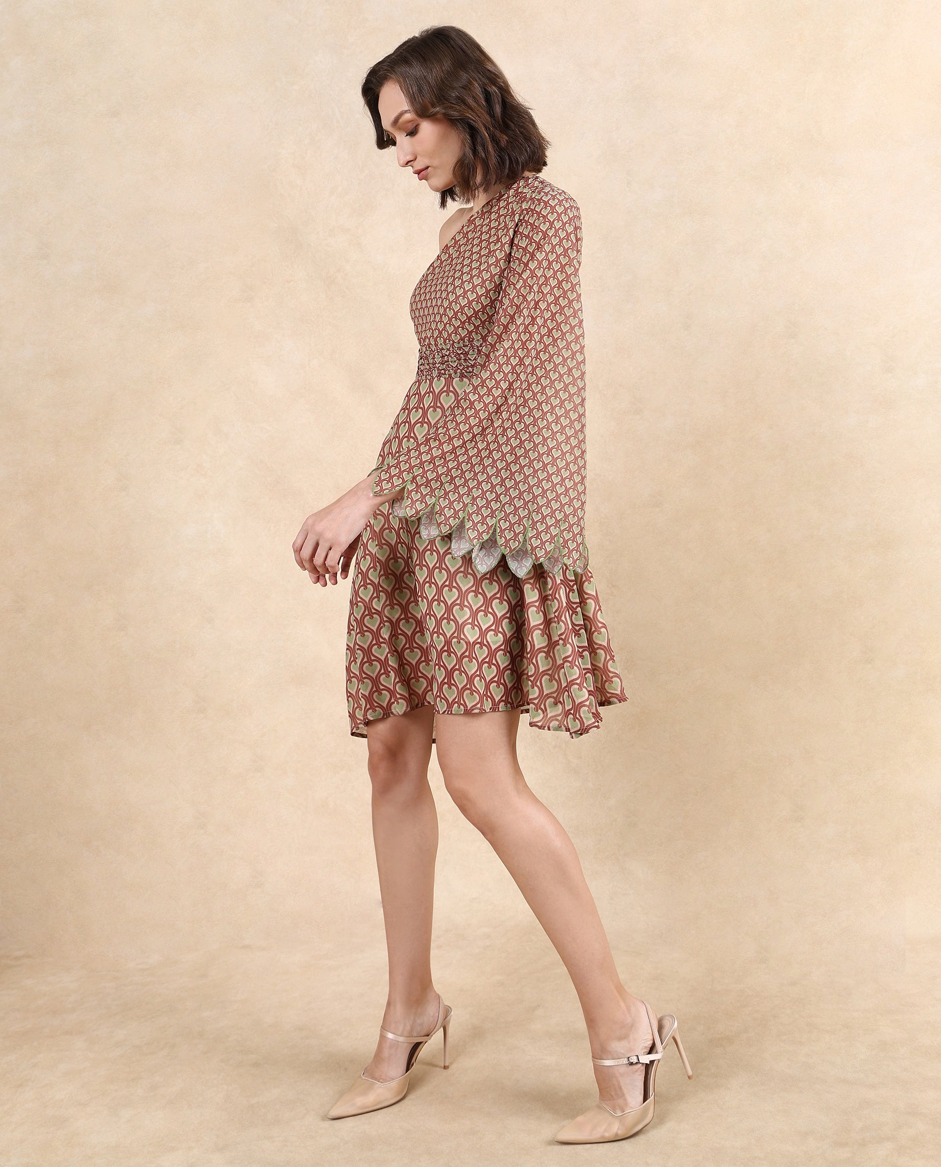 Rareism Women's Ethiopig Multi One Shoulder Zipper Closure Asymmetric Sleeve Geometric Print Asymmetric Knee Length Dress