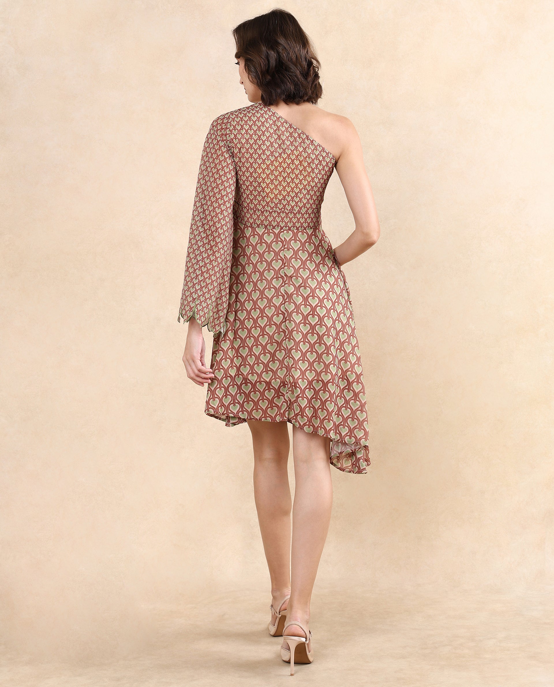 Rareism Women's Ethiopig Multi One Shoulder Zipper Closure Asymmetric Sleeve Geometric Print Asymmetric Knee Length Dress