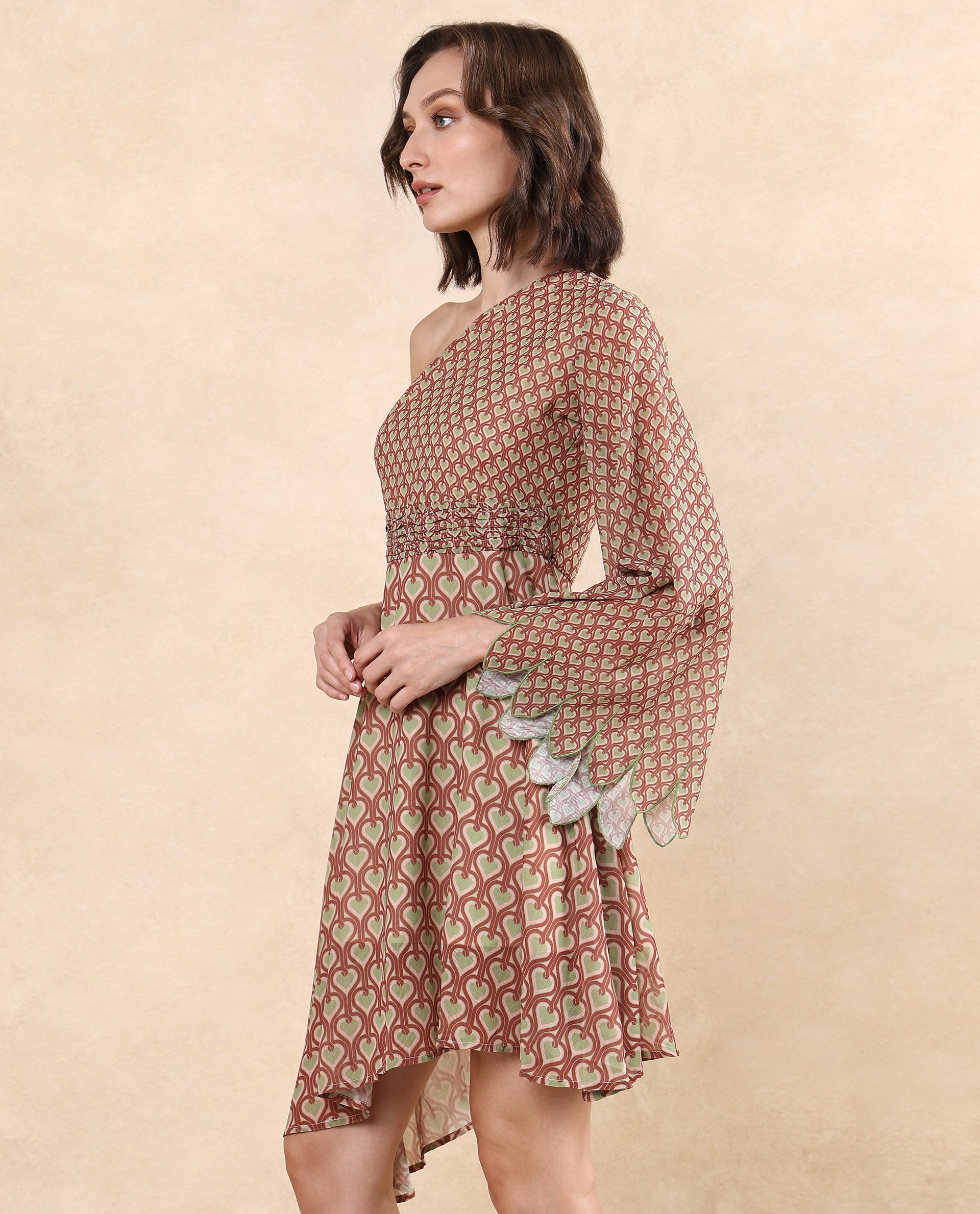 Rareism Women's Ethiopig Multi One Shoulder Zipper Closure Asymmetric Sleeve Geometric Print Asymmetric Knee Length Dress