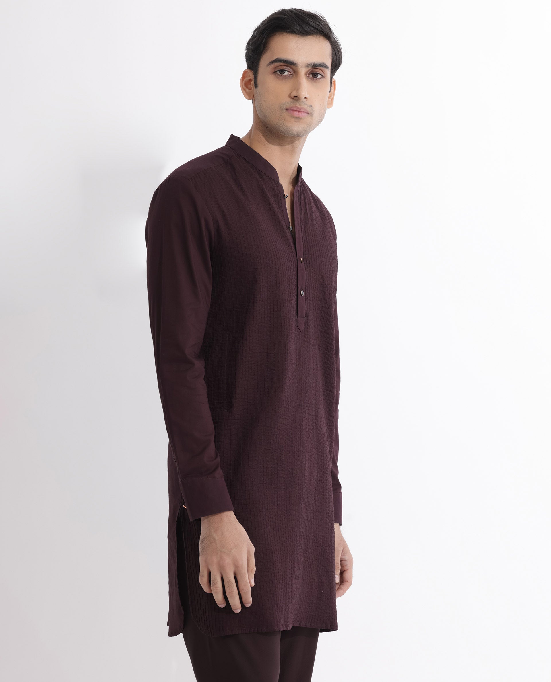 Rare Rabbit Men's Ethnic Maroon Cotton Fabric Mandarin Collar Full Sleeves Pintuck Kurta