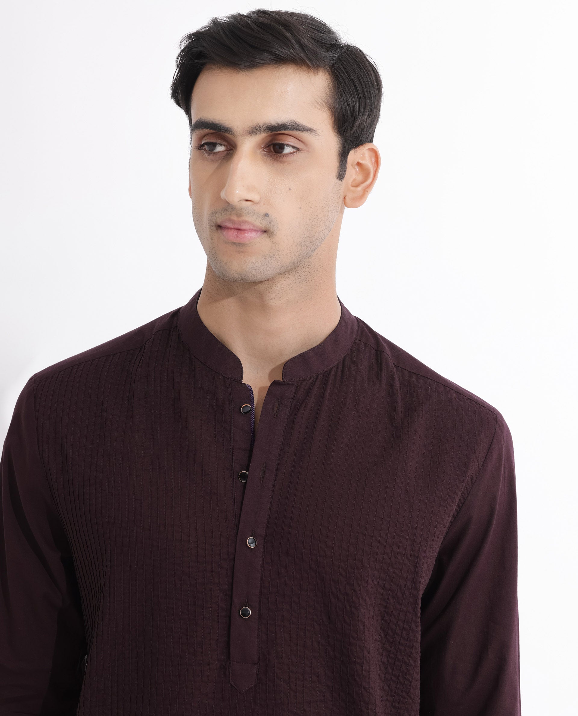 Rare Rabbit Men's Ethnic Maroon Cotton Fabric Mandarin Collar Full Sleeves Pintuck Kurta