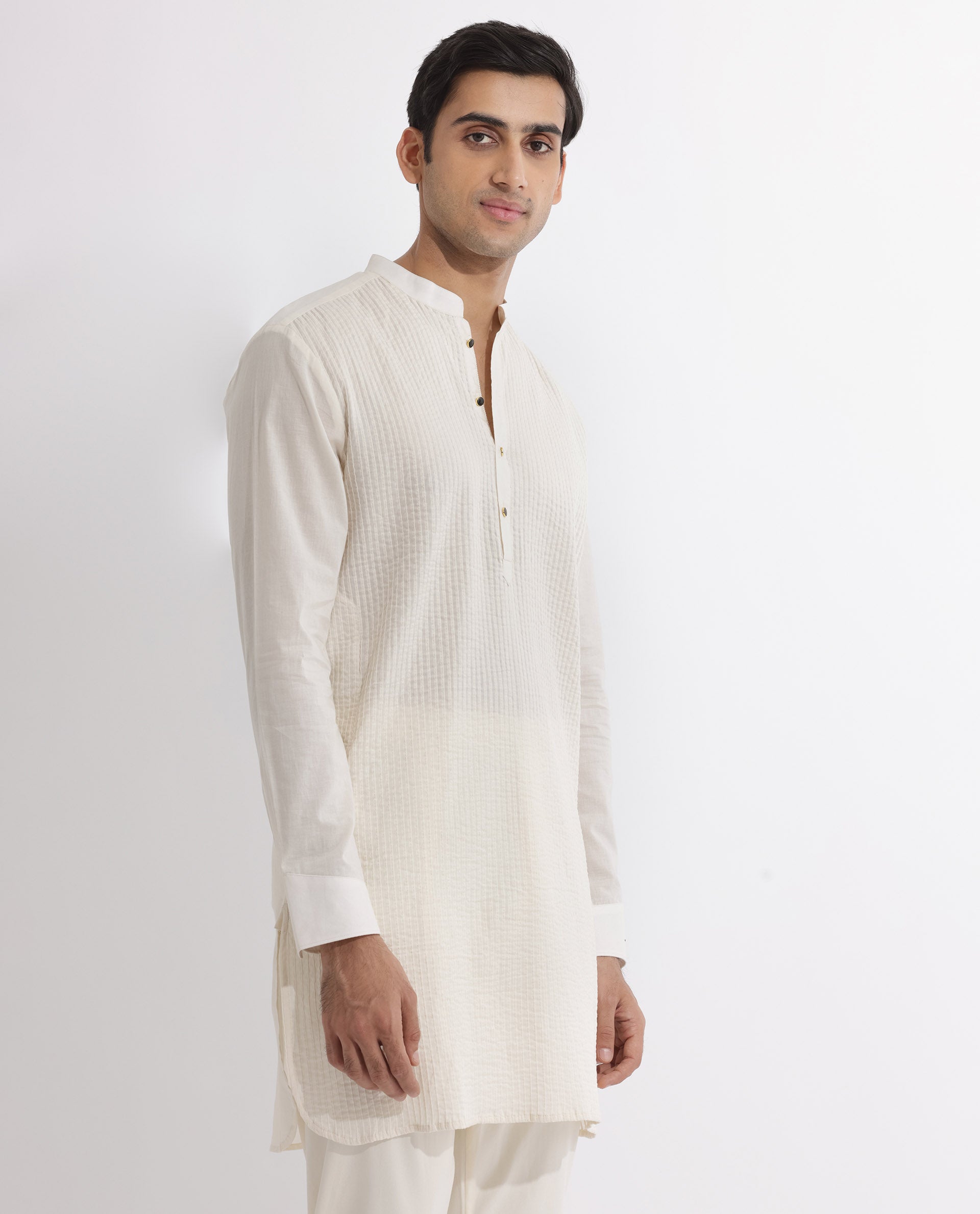 Rare Rabbit Men's Ethnic Beige Cotton Fabric Mandarin Collar Full Sleeves Pintuck Kurta