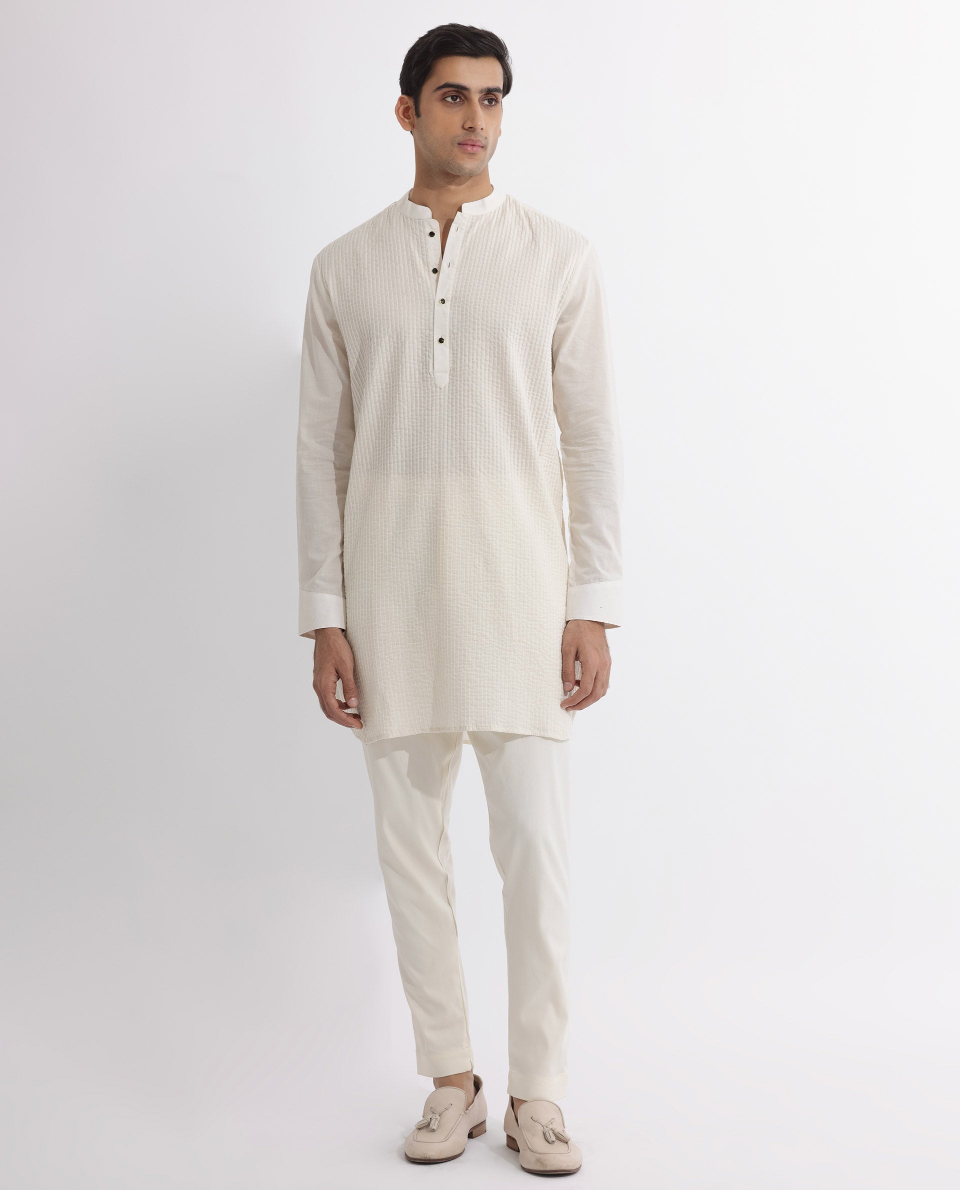 Rare Rabbit Men's Ethnic Beige Cotton Fabric Mandarin Collar Full Sleeves Pintuck Kurta