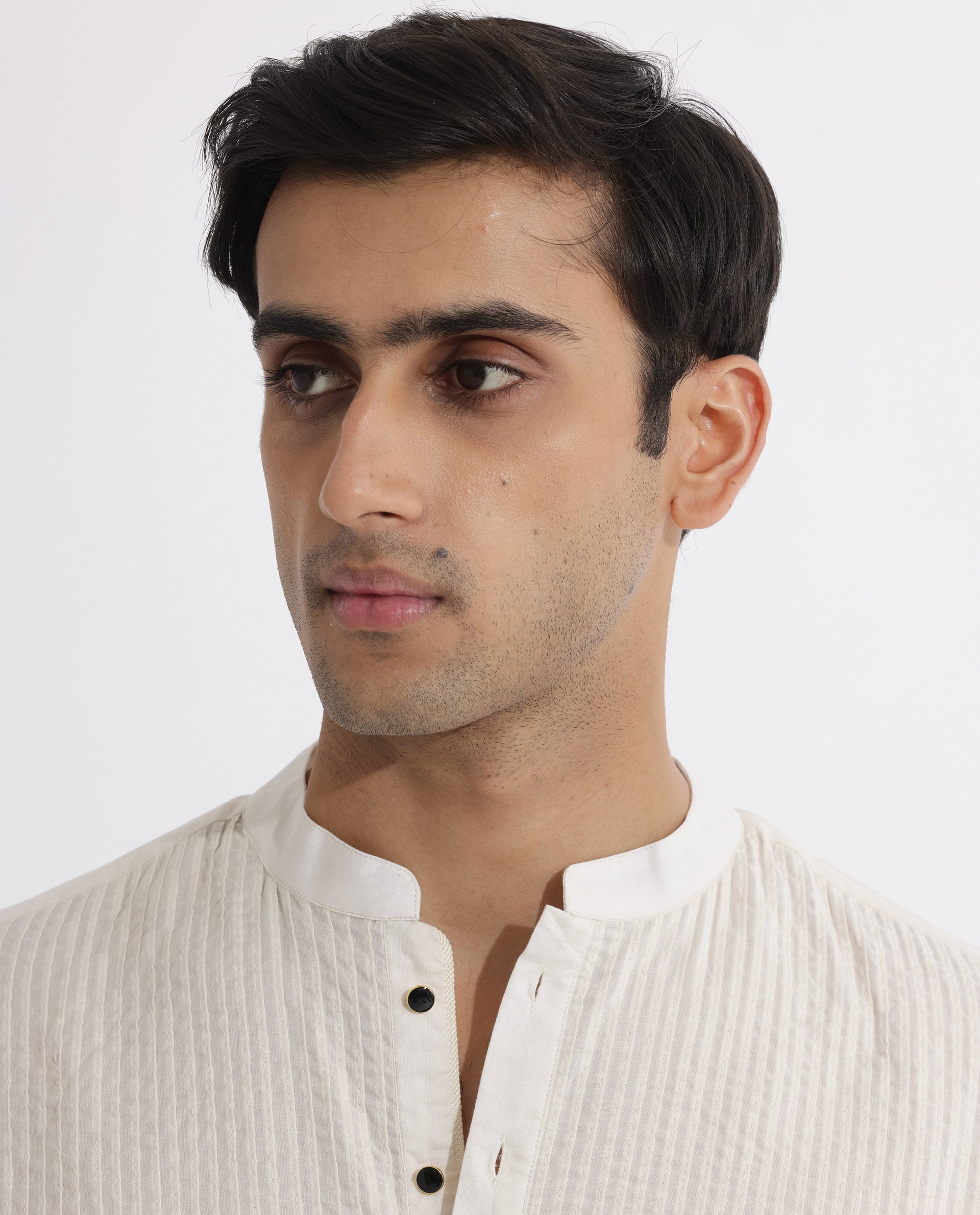 Rare Rabbit Men's Ethnic Beige Cotton Fabric Mandarin Collar Full Sleeves Pintuck Kurta