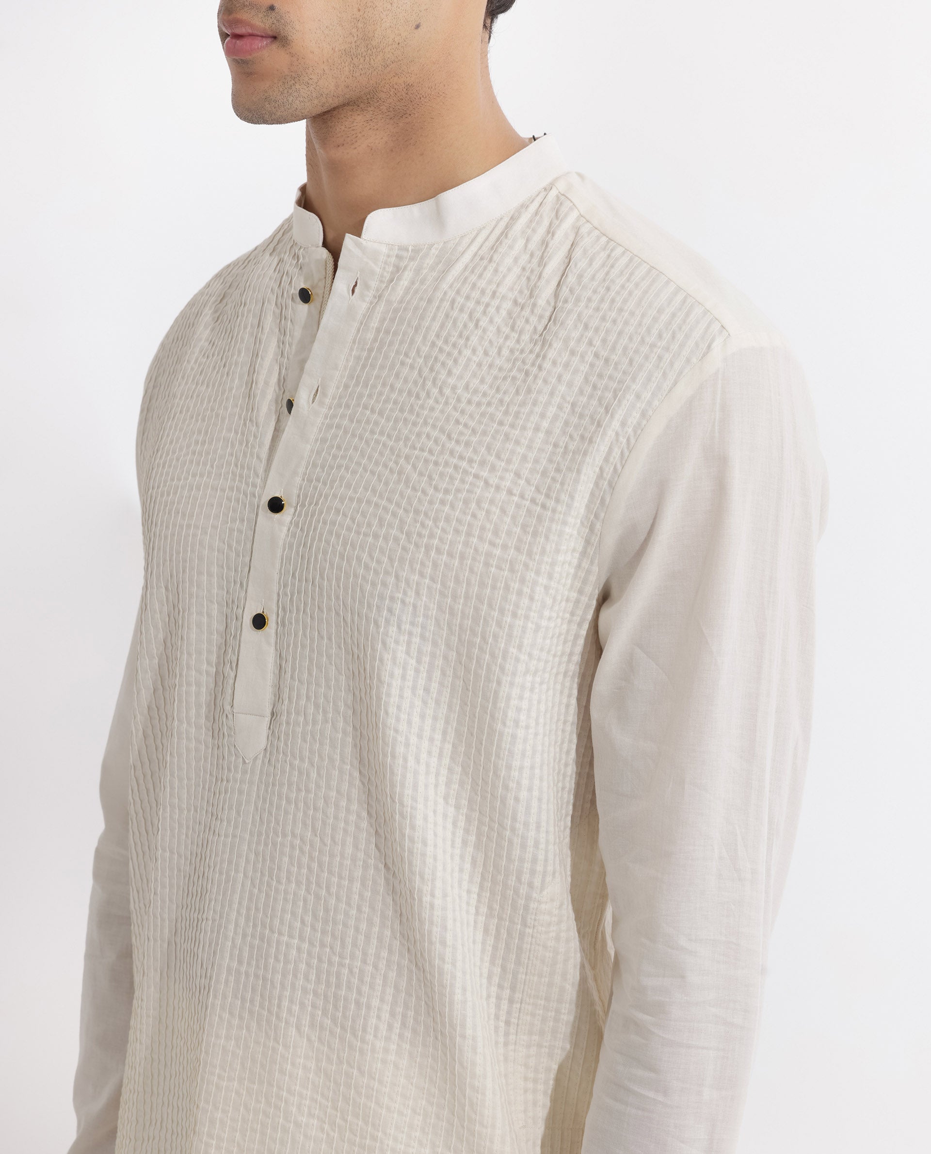 Rare Rabbit Men's Ethnic Beige Cotton Fabric Mandarin Collar Full Sleeves Pintuck Kurta