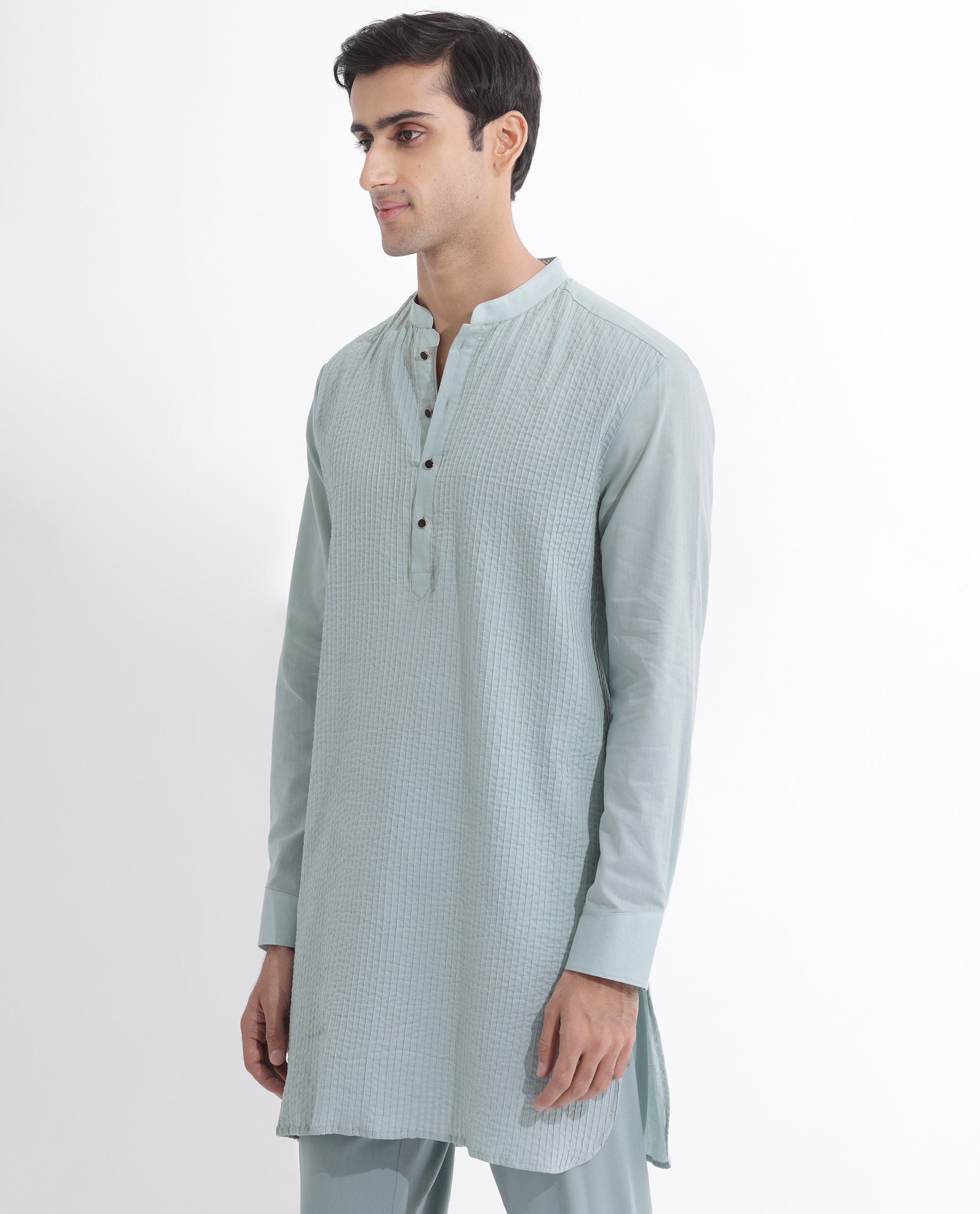 Rare Rabbit Men's Ethnic Light Blue Cotton Fabric Mandarin Collar Full Sleeves Pintuck Kurta