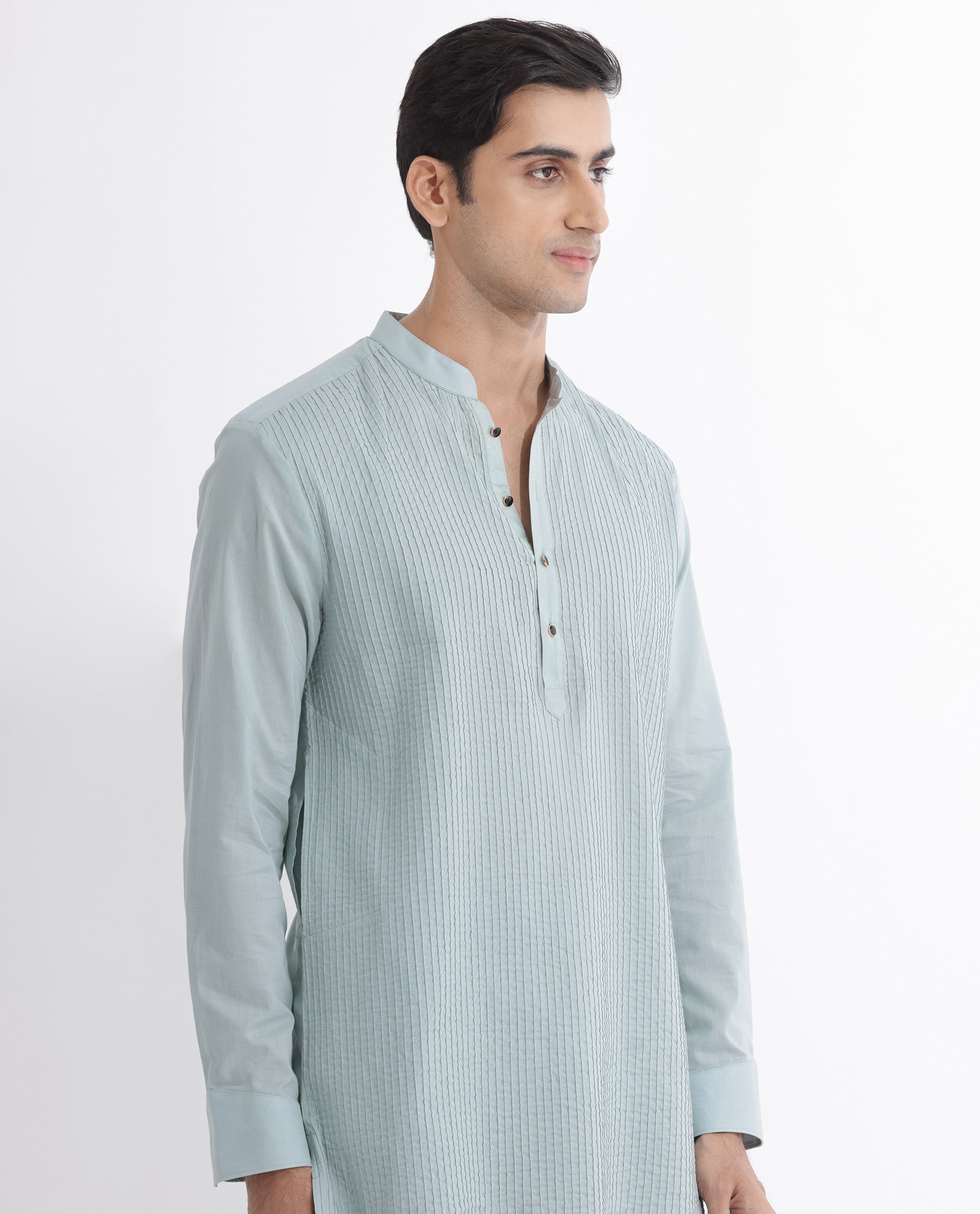 Rare Rabbit Men's Ethnic Light Blue Cotton Fabric Mandarin Collar Full Sleeves Pintuck Kurta