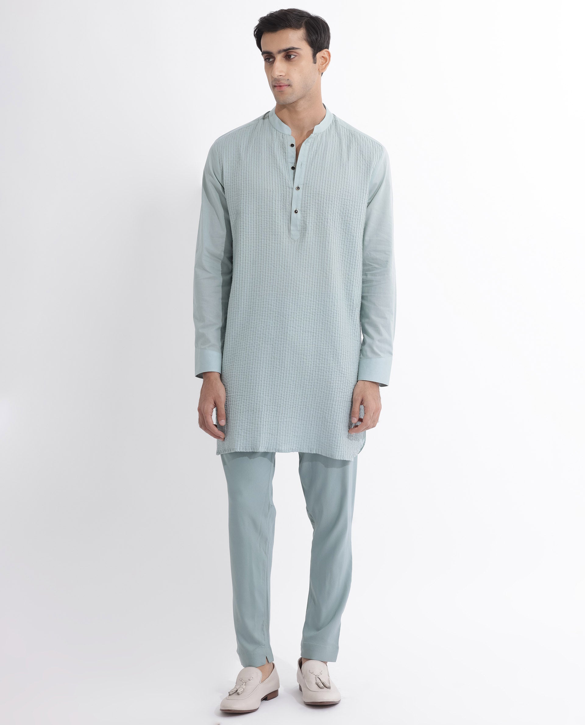 Rare Rabbit Men's Ethnic Light Blue Cotton Fabric Mandarin Collar Full Sleeves Pintuck Kurta