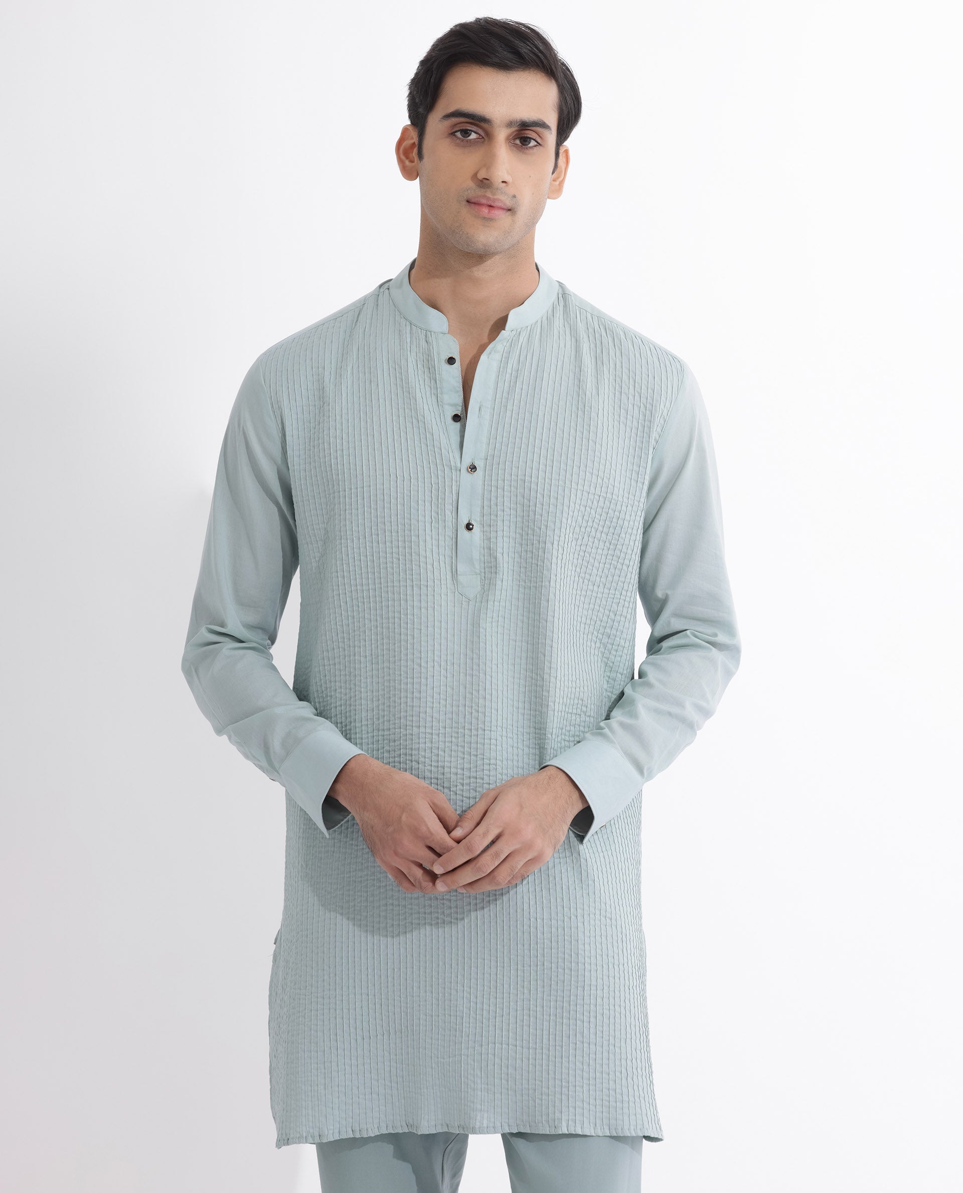 Rare Rabbit Men's Ethnic Light Blue Cotton Fabric Mandarin Collar Full Sleeves Pintuck Kurta