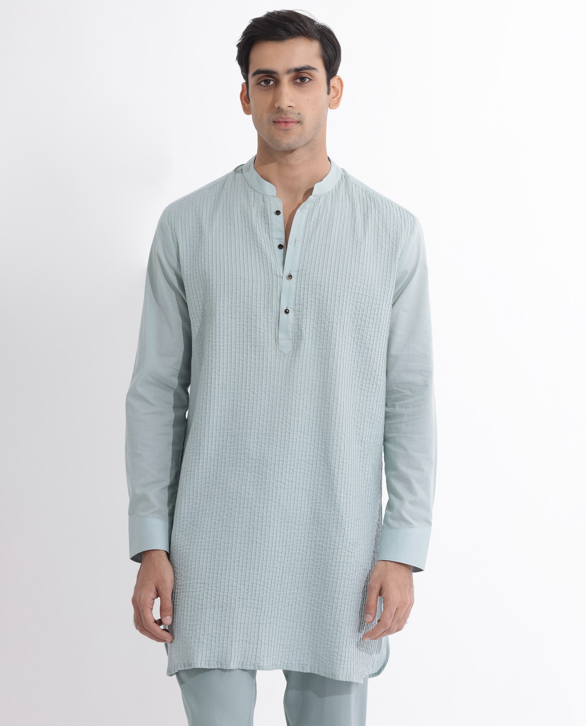 Rare Rabbit Men's Ethnic Light Blue Cotton Fabric Mandarin Collar Full Sleeves Pintuck Kurta
