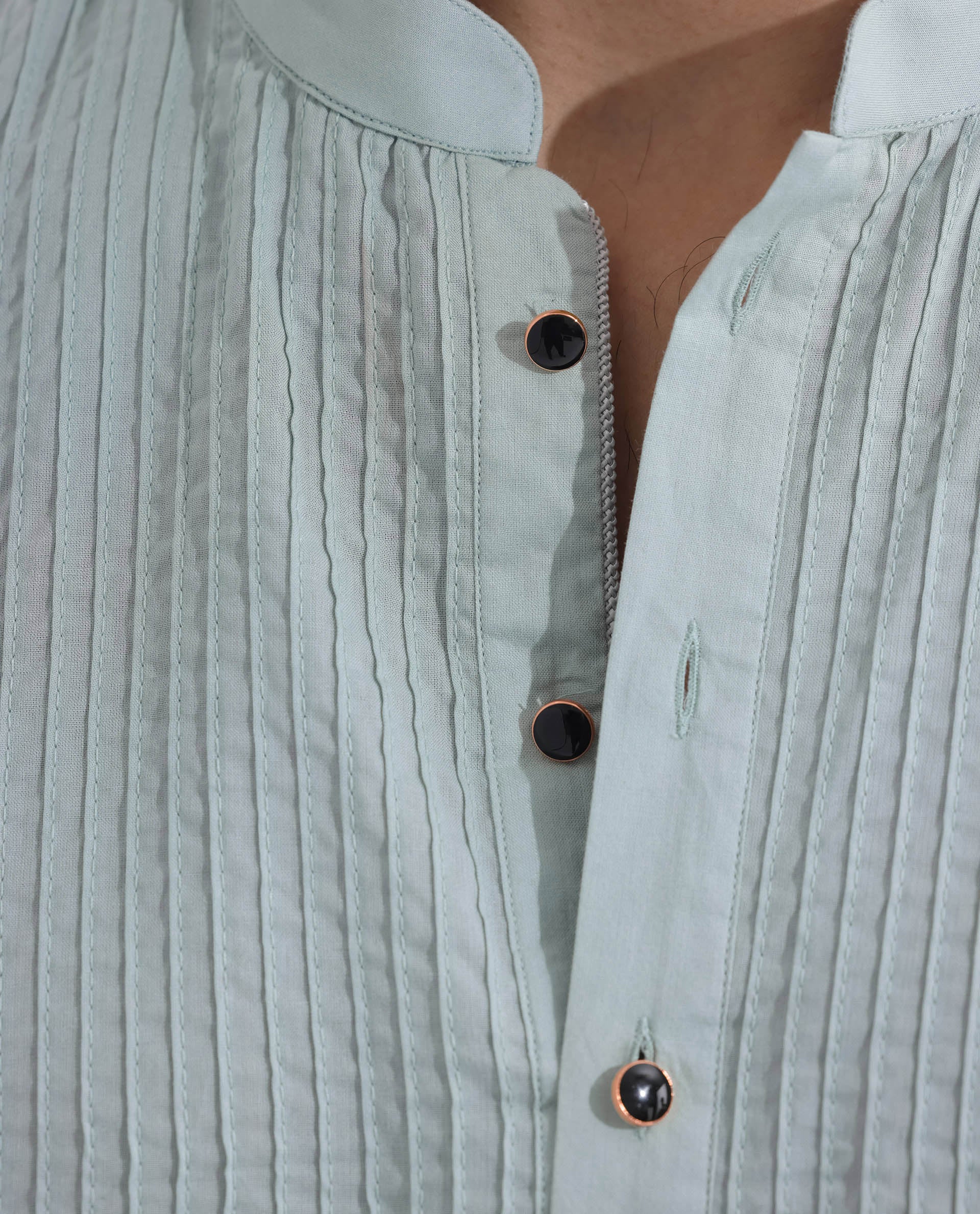 Rare Rabbit Men's Ethnic Light Blue Cotton Fabric Mandarin Collar Full Sleeves Pintuck Kurta