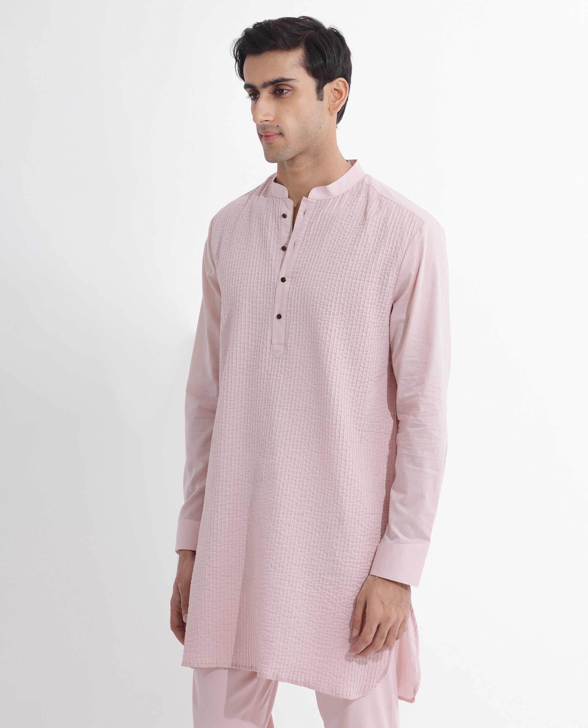 Rare Rabbit Men's Ethnic Pink Cotton Fabric Mandarin Collar Full Sleeves Pintuck Kurta