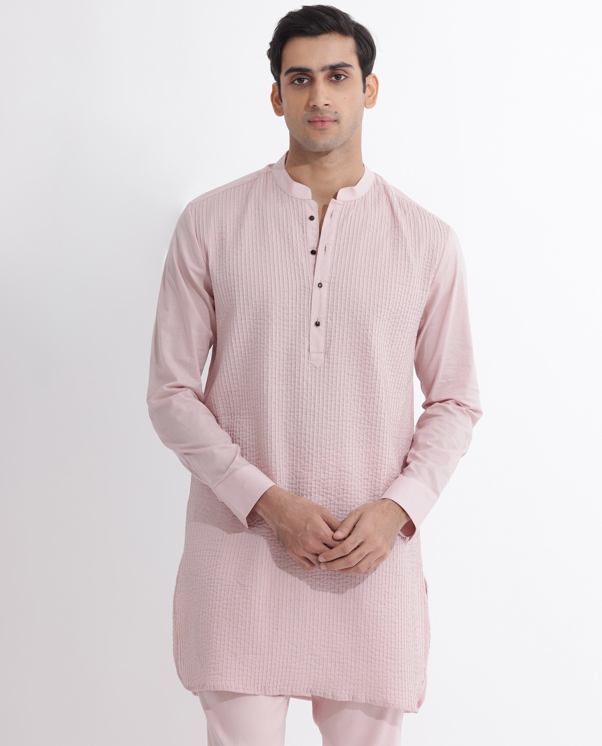 Rare Rabbit Men's Ethnic Pink Cotton Fabric Mandarin Collar Full Sleeves Pintuck Kurta
