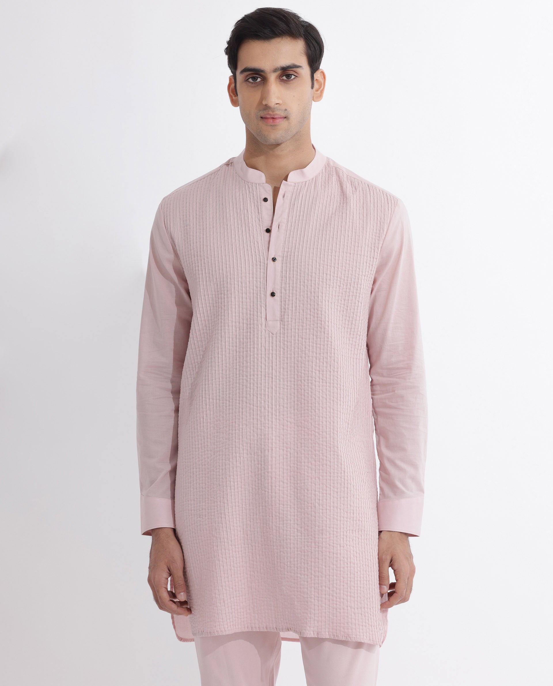 Rare Rabbit Men's Ethnic Pink Cotton Fabric Mandarin Collar Full Sleeves Pintuck Kurta