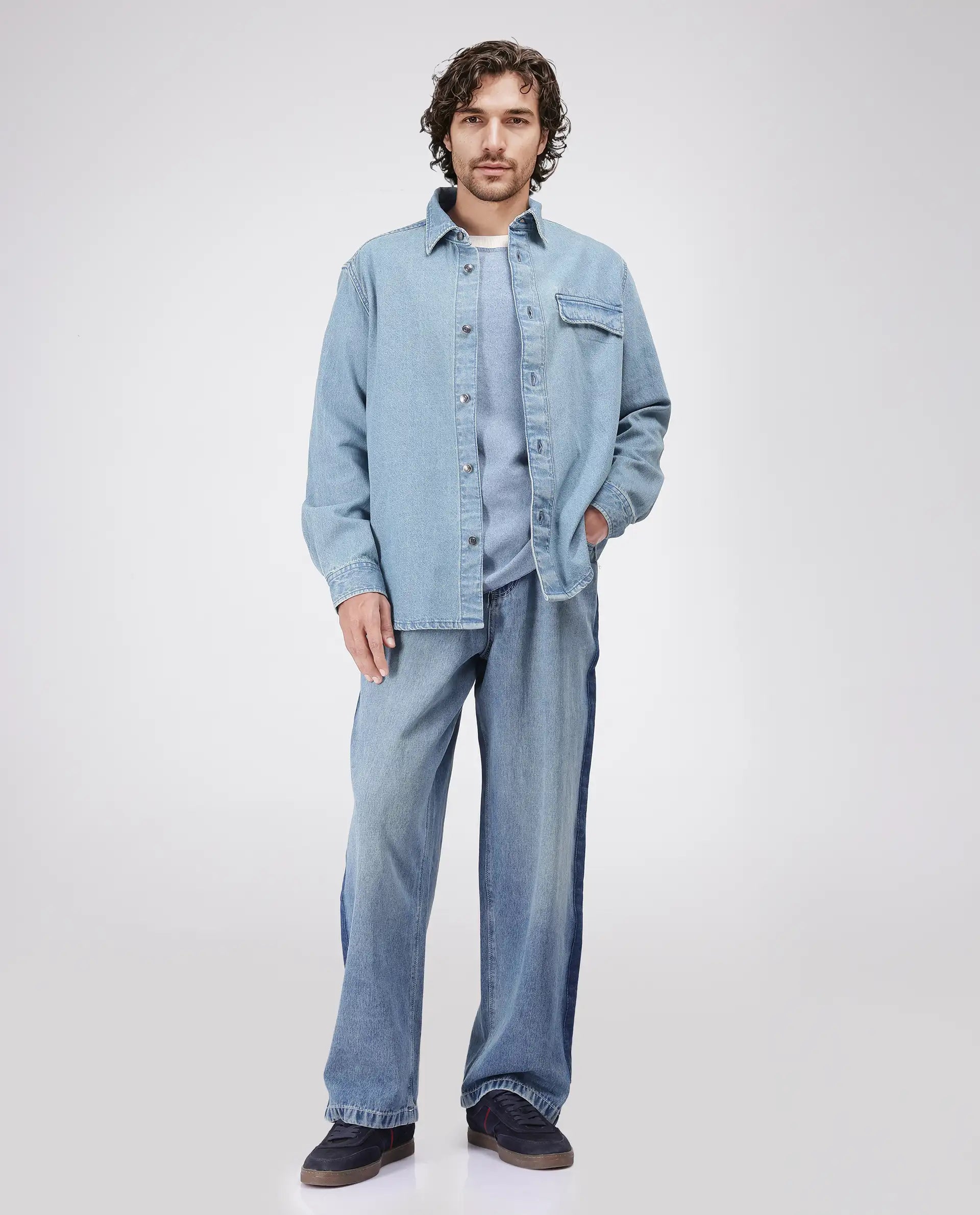 Rare Rabbit Men's Euclid Light Blue Cotton Fabric Full Sleeve Spread Collar Oversized Fit Plain Shirt