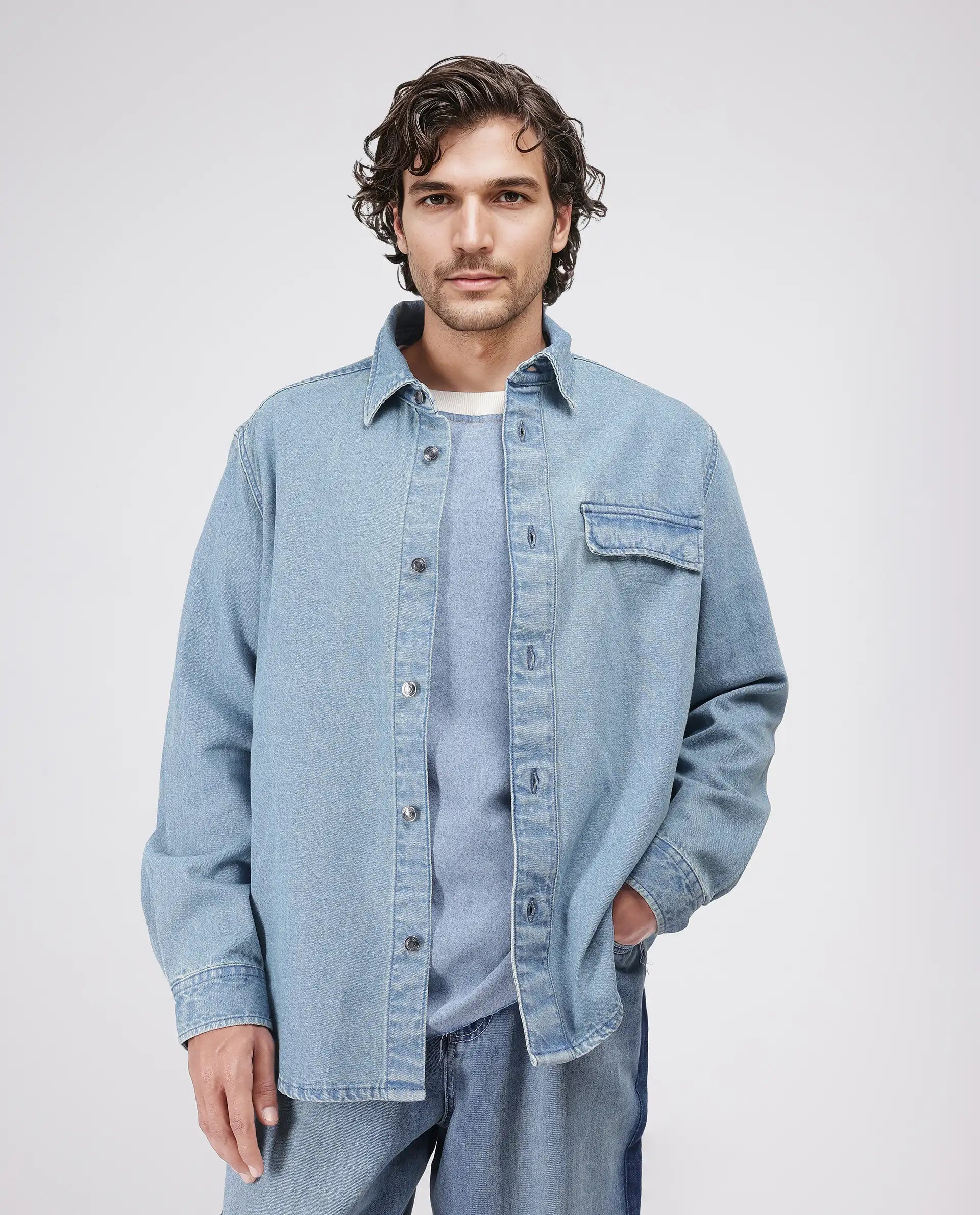 Rare Rabbit Men's Euclid Light Blue Cotton Fabric Full Sleeve Spread Collar Oversized Fit Plain Shirt