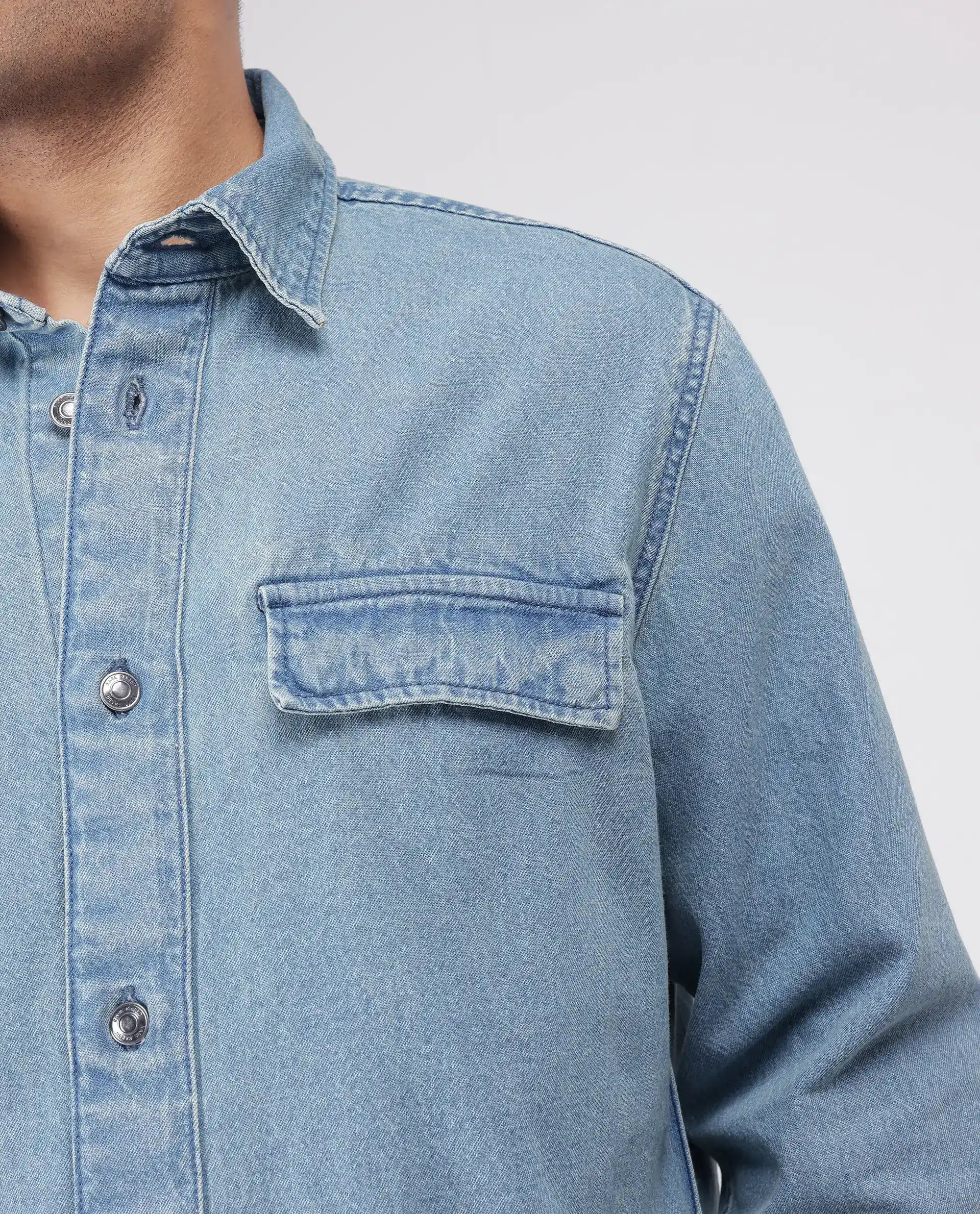 Rare Rabbit Men's Euclid Light Blue Cotton Fabric Full Sleeve Spread Collar Oversized Fit Plain Shirt