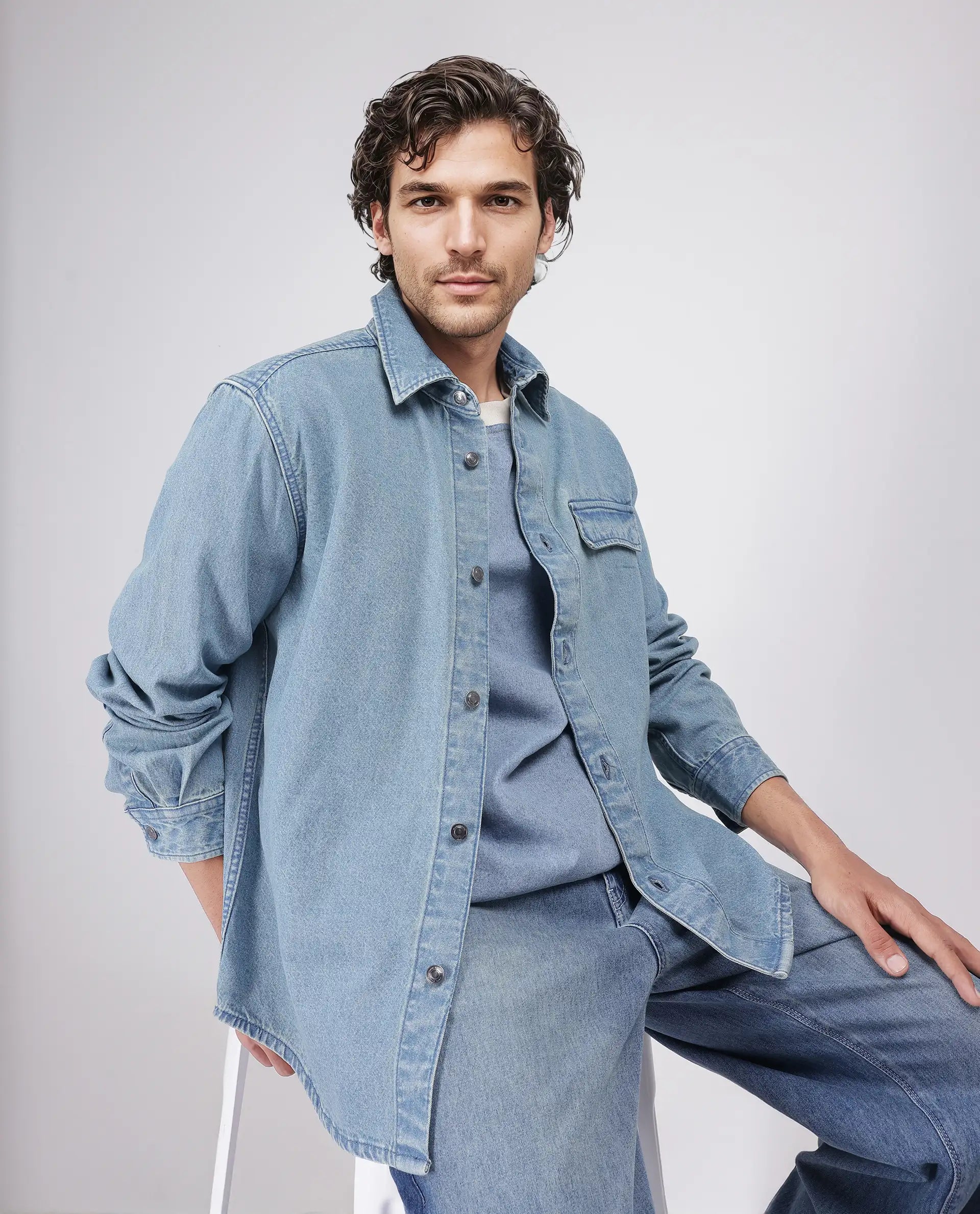 Rare Rabbit Men's Euclid Light Blue Cotton Fabric Full Sleeve Spread Collar Oversized Fit Plain Shirt