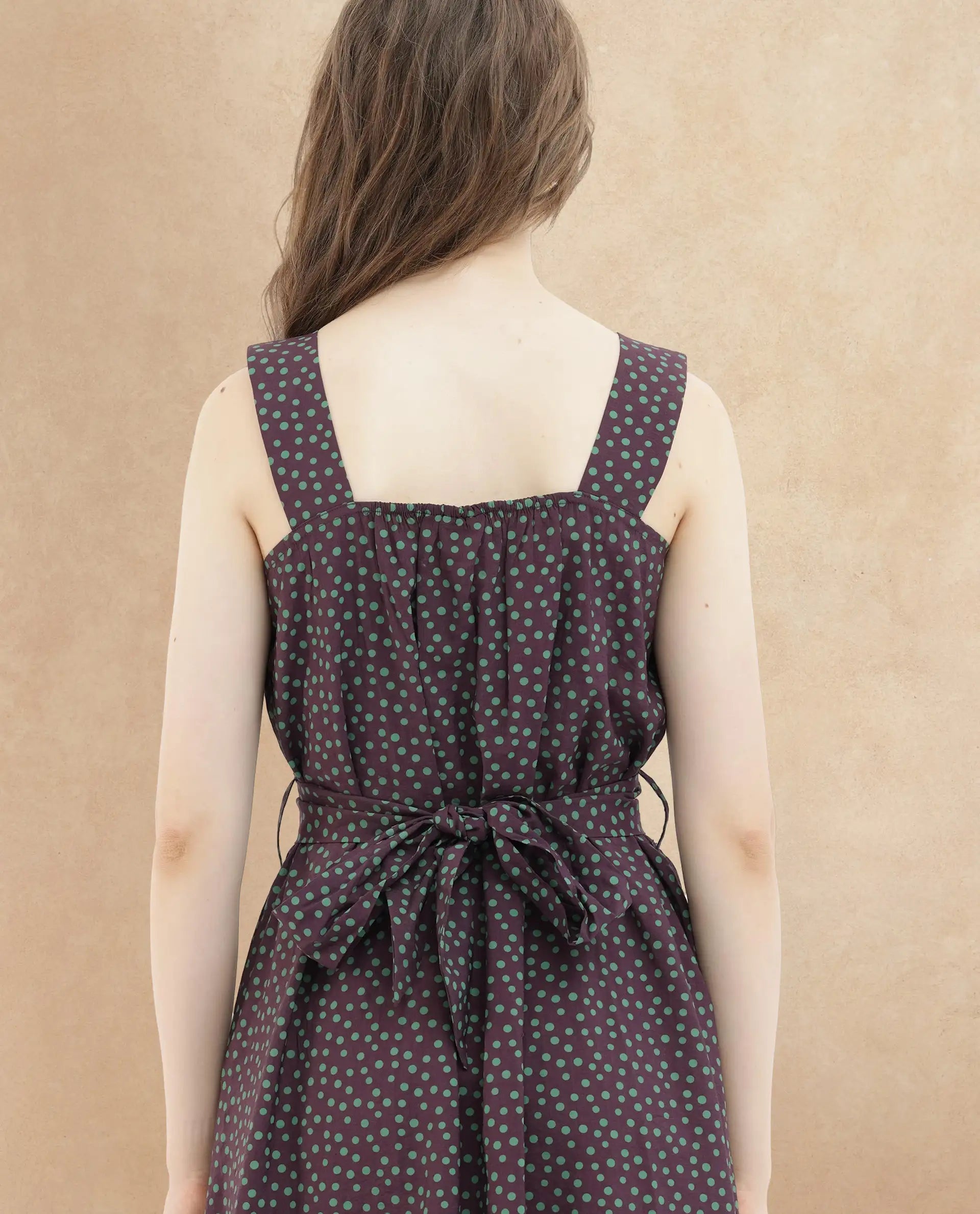 Rareism Women's Eula Brown Viscose Fabric Shoulder Straps Sleeveless Polka Flared Midi Dress