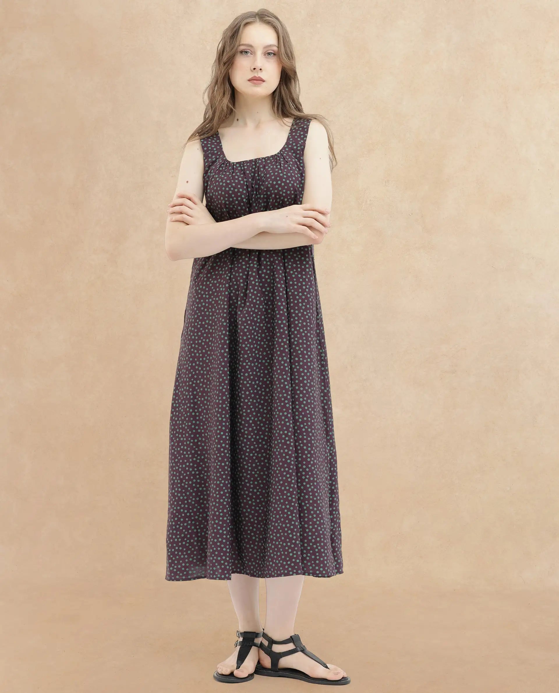 Rareism Women's Eula Brown Viscose Fabric Shoulder Straps Sleeveless Polka Flared Midi Dress