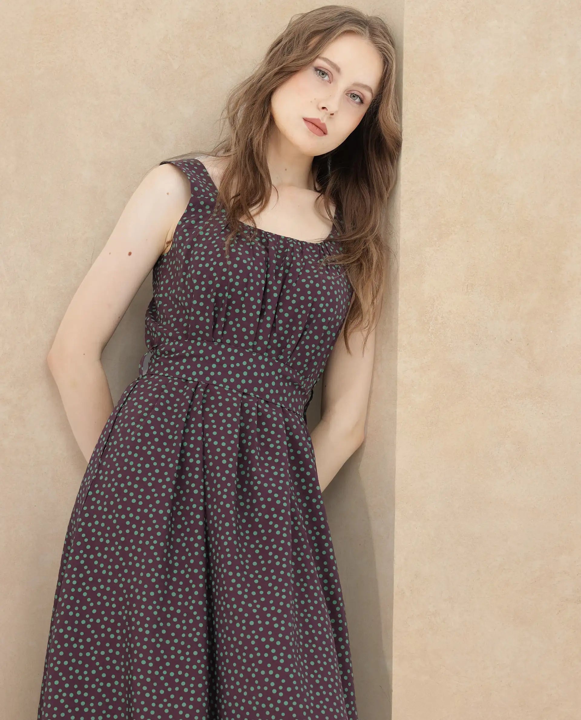 Rareism Women's Eula Brown Viscose Fabric Shoulder Straps Sleeveless Polka Flared Midi Dress