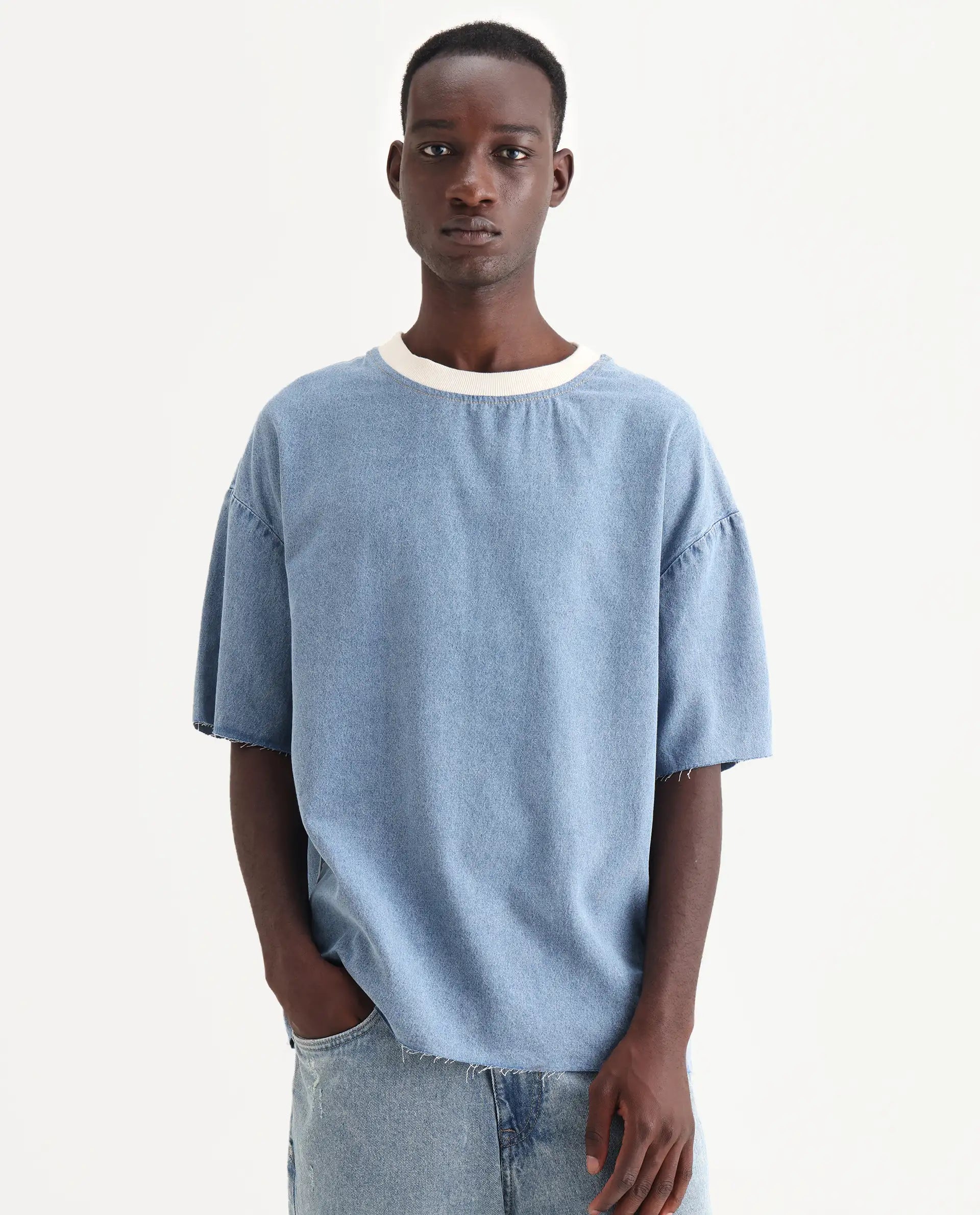 Rare Rabbit Men's Euler Light Blue Cotton Plain Oversized Fit Half Sleeve Crew Neck T-Shirt