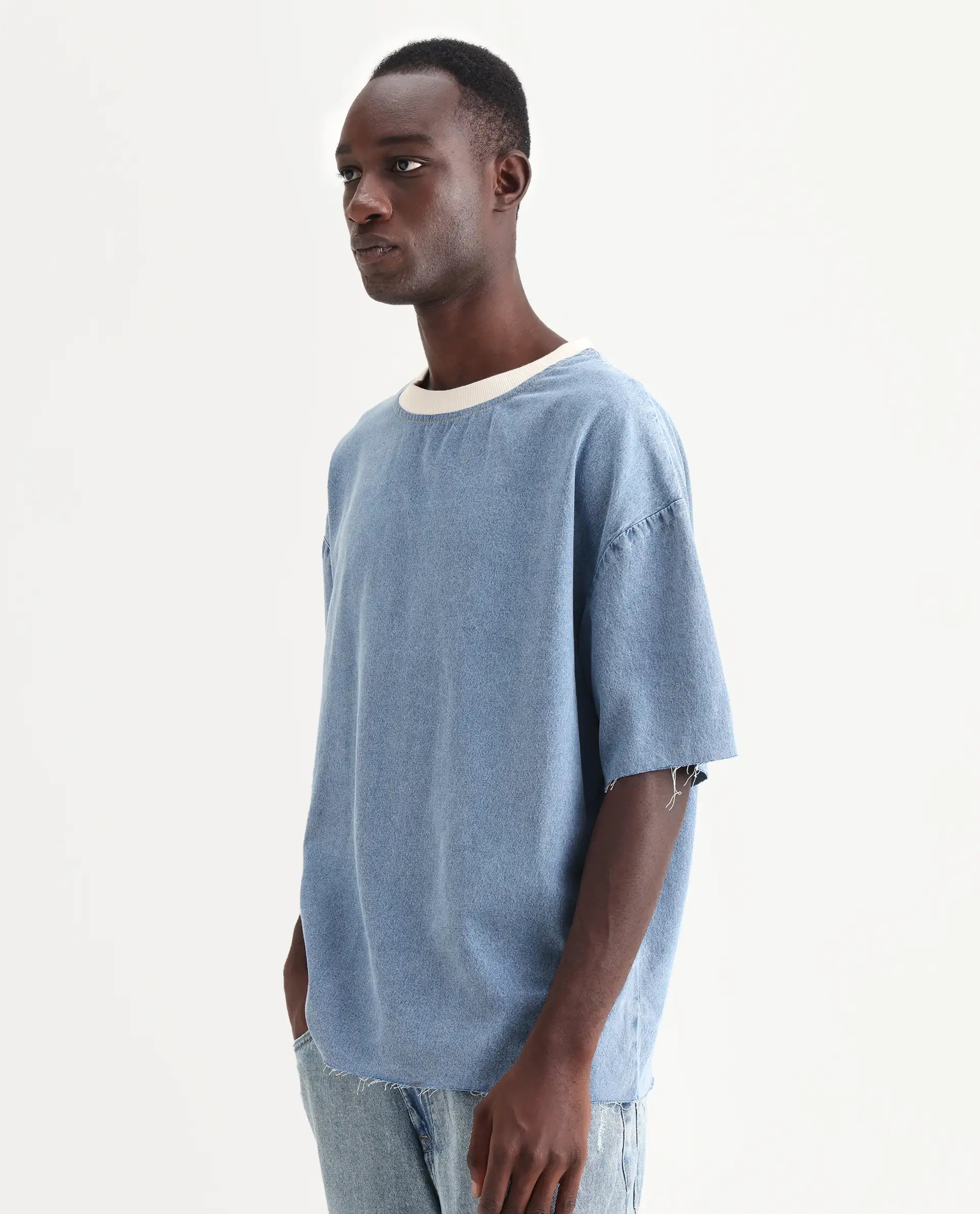 Rare Rabbit Men's Euler Light Blue Cotton Plain Oversized Fit Half Sleeve Crew Neck T-Shirt