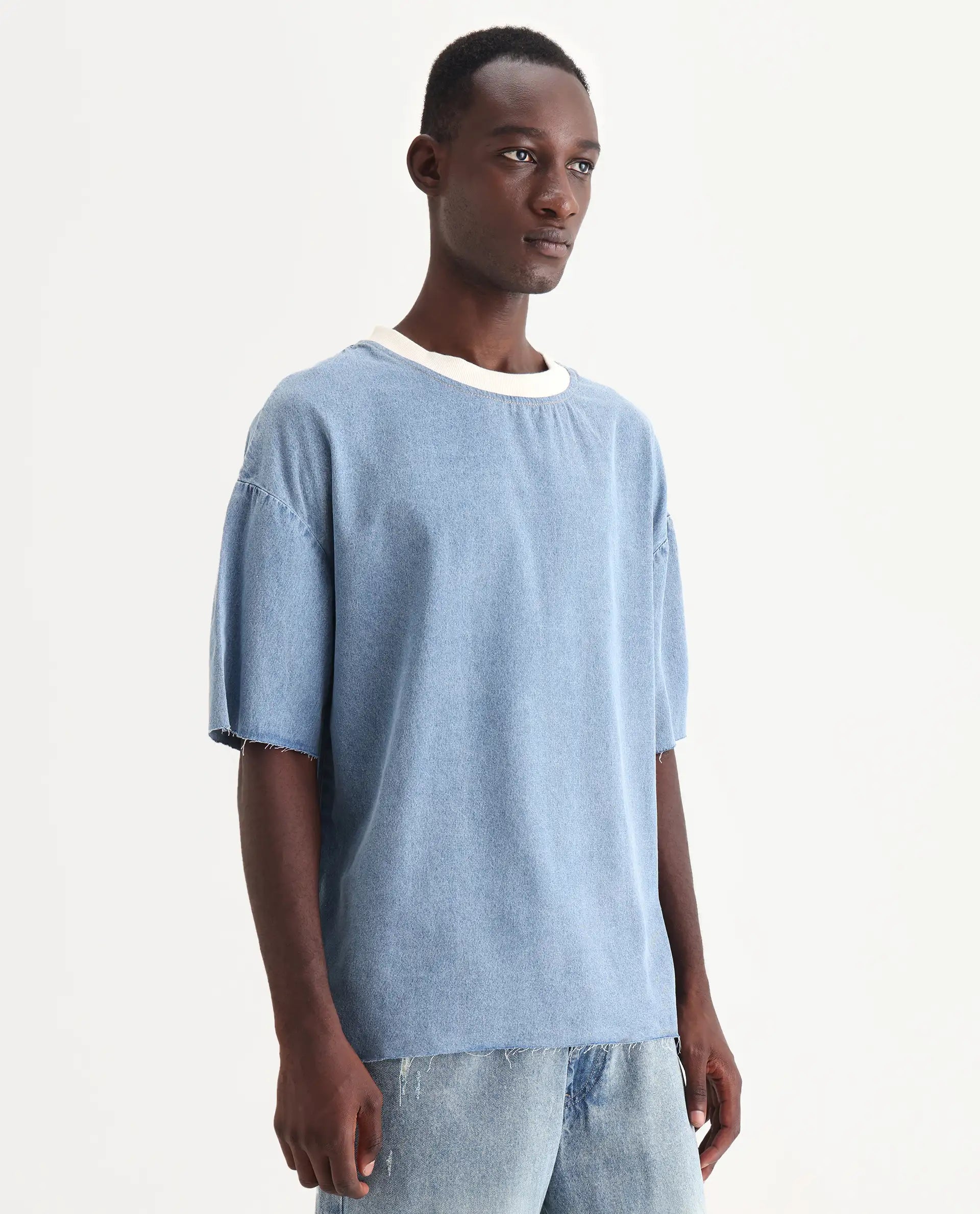 Rare Rabbit Men's Euler Light Blue Cotton Plain Oversized Fit Half Sleeve Crew Neck T-Shirt