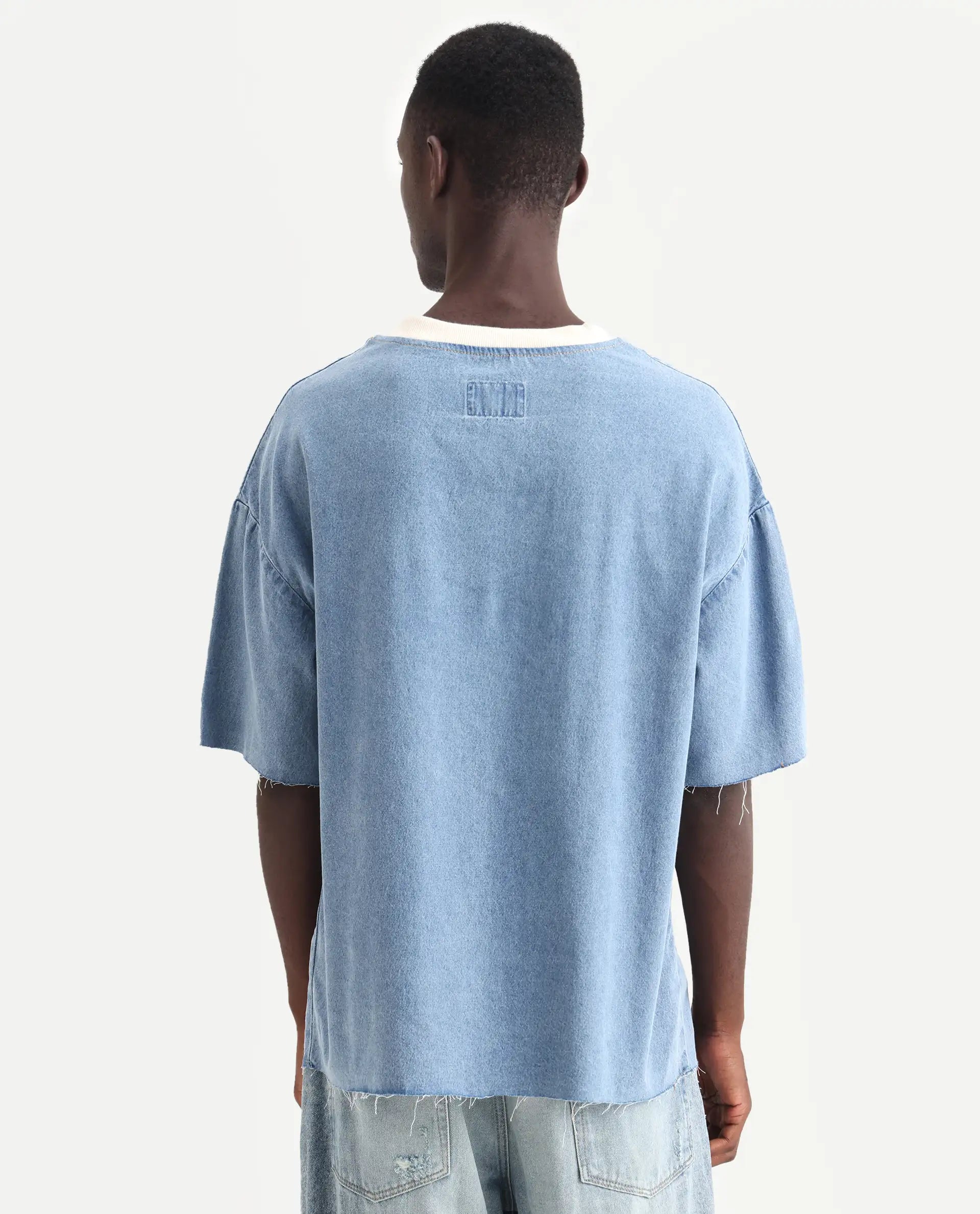 Rare Rabbit Men's Euler Light Blue Cotton Plain Oversized Fit Half Sleeve Crew Neck T-Shirt