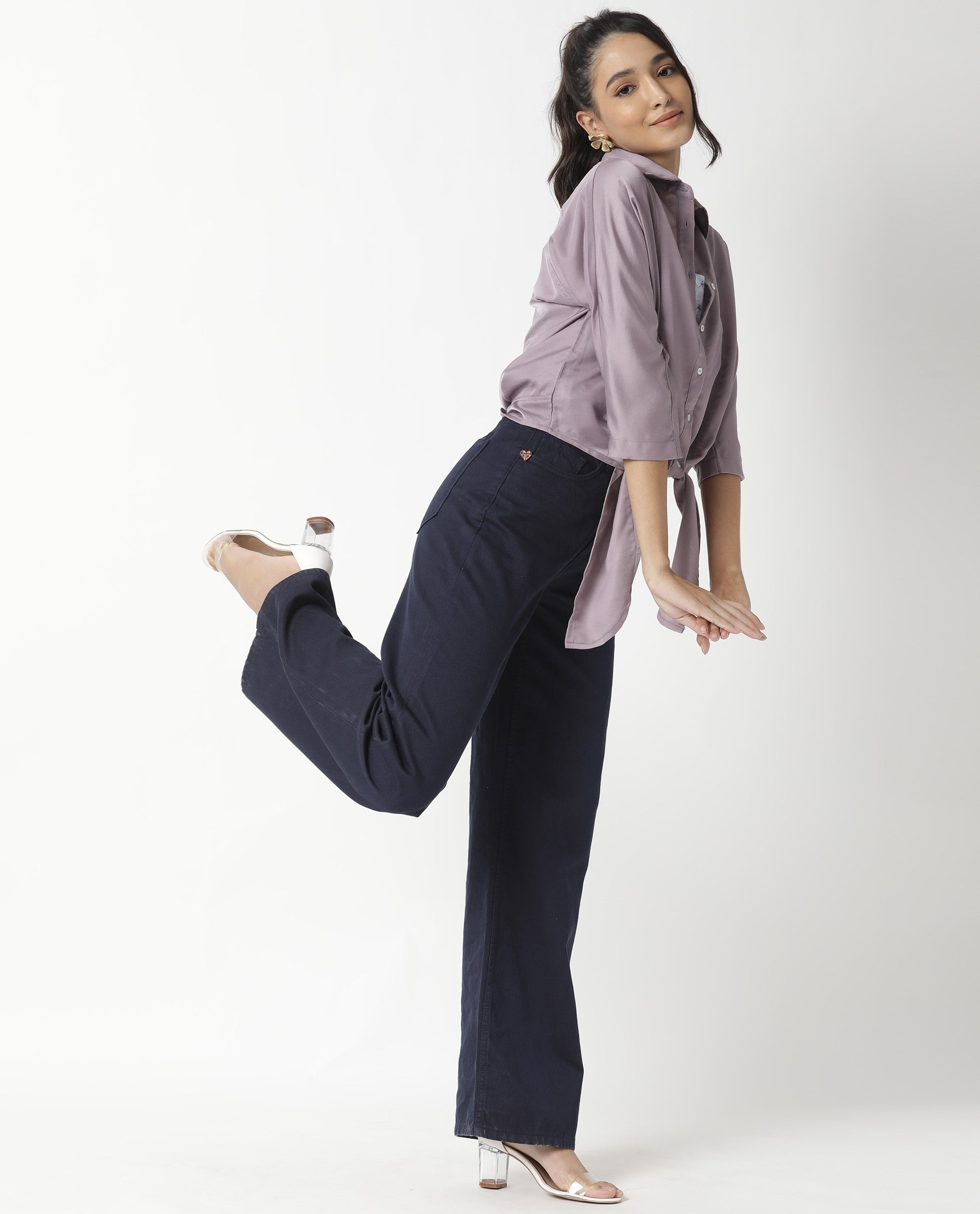 Rareism Women Euro Light Purple Polyester Fabric Tailored Fit Shirt Collar 3/4Th Sleeves Solid Top