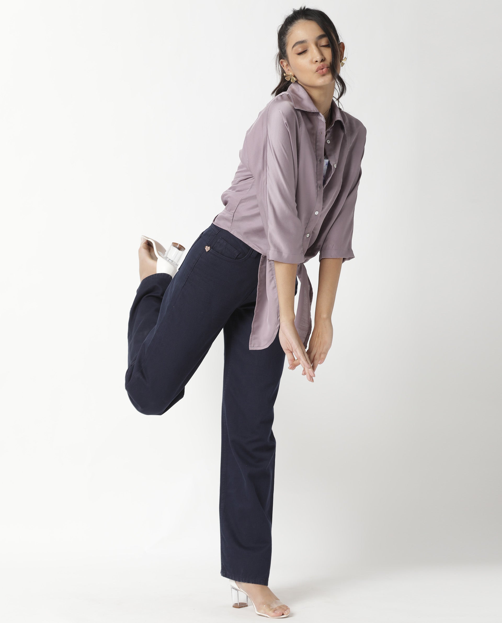 Rareism Women Euro Light Purple Polyester Fabric Tailored Fit Shirt Collar 3/4Th Sleeves Solid Top