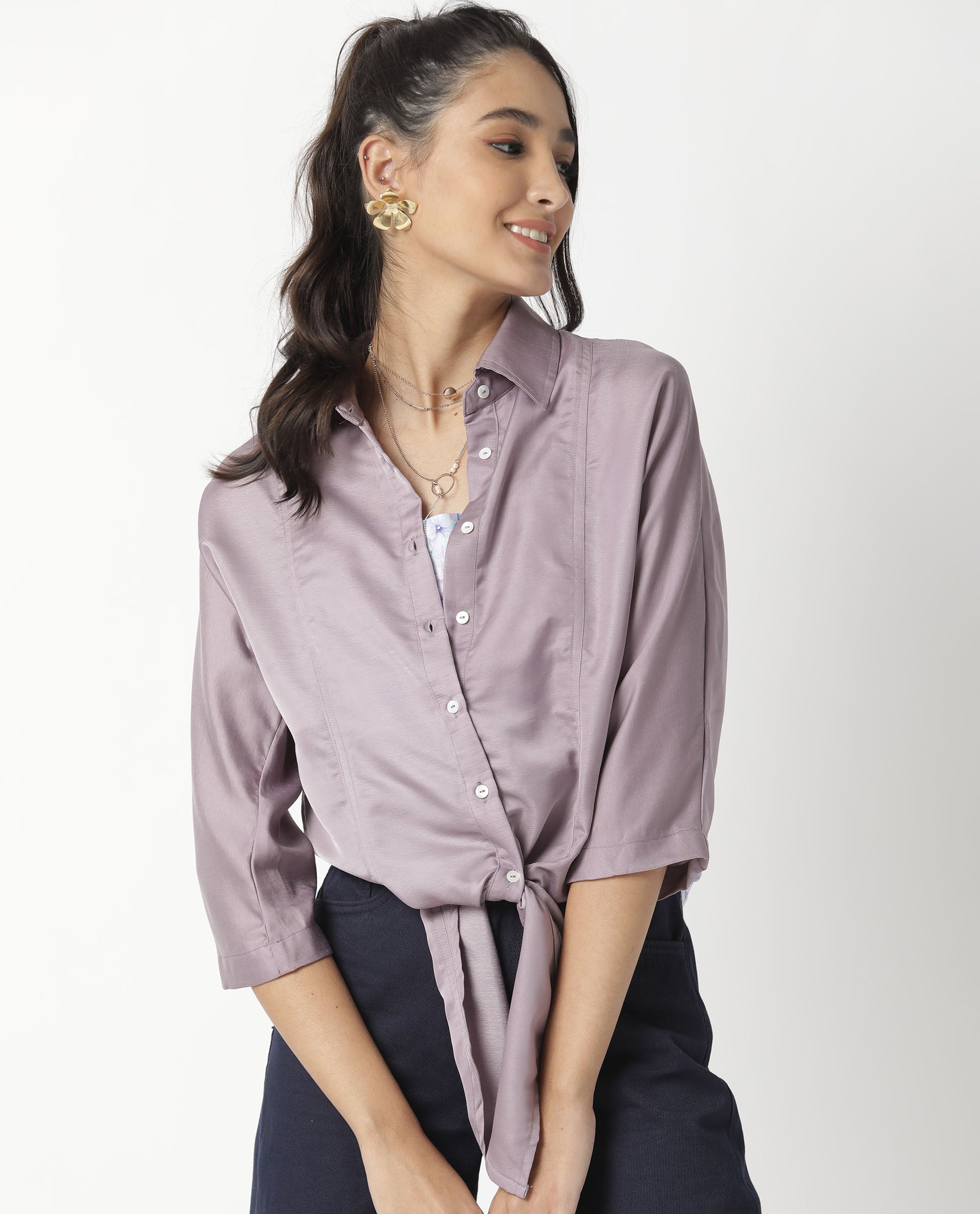 Rareism Women Euro Light Purple Polyester Fabric Tailored Fit Shirt Collar 3/4Th Sleeves Solid Top